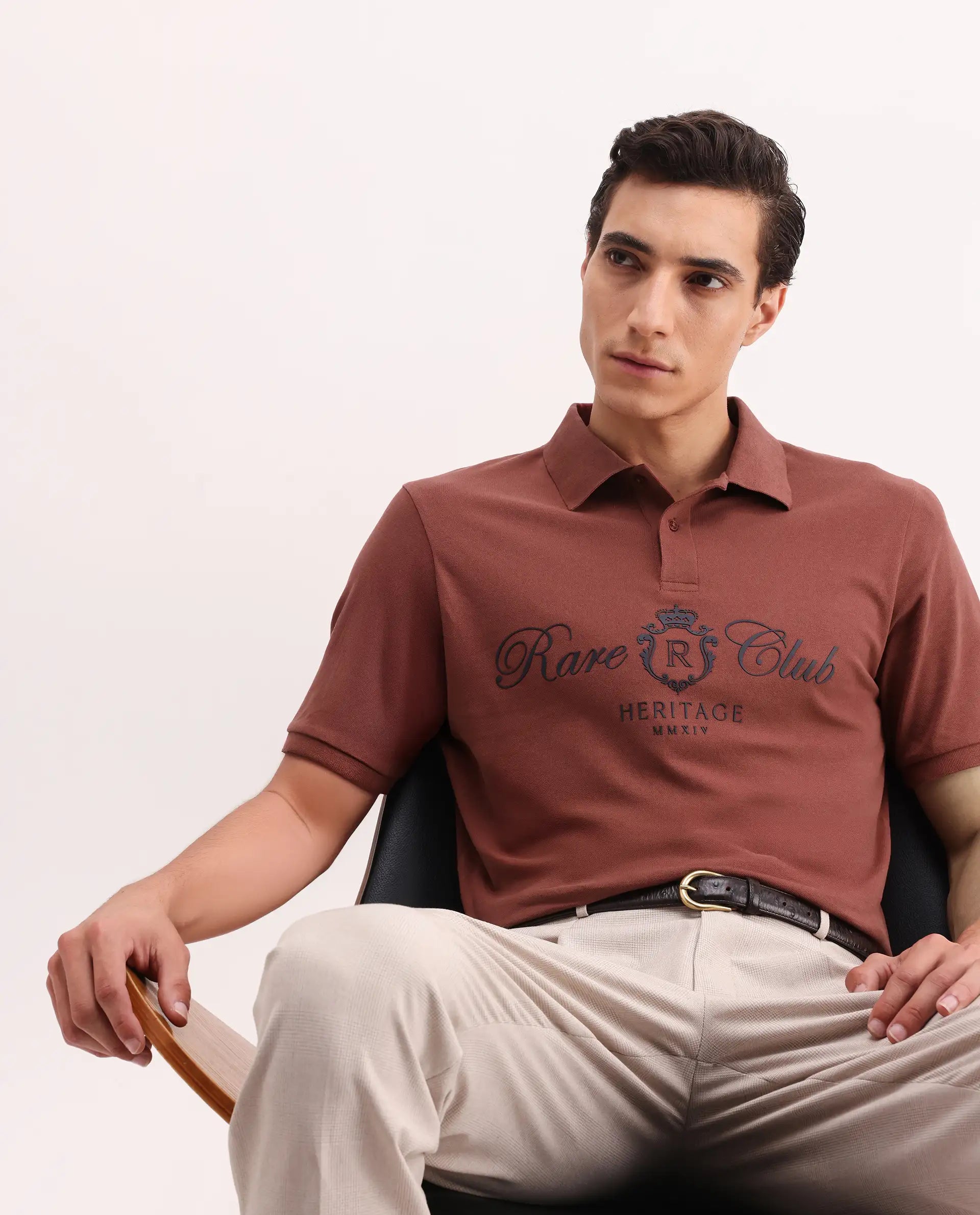 Rare Rabbit Men's Rem Dark Rust Cotton Plain Regular Fit Half Sleeve Polo
