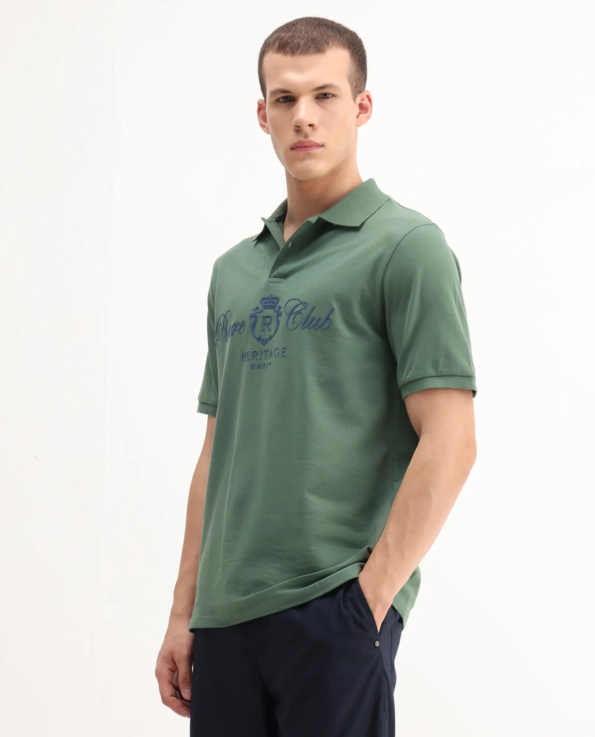 Rare Rabbit Men's Rem Green Cotton Graphic Print Regular Fit Half Sleeve Polo