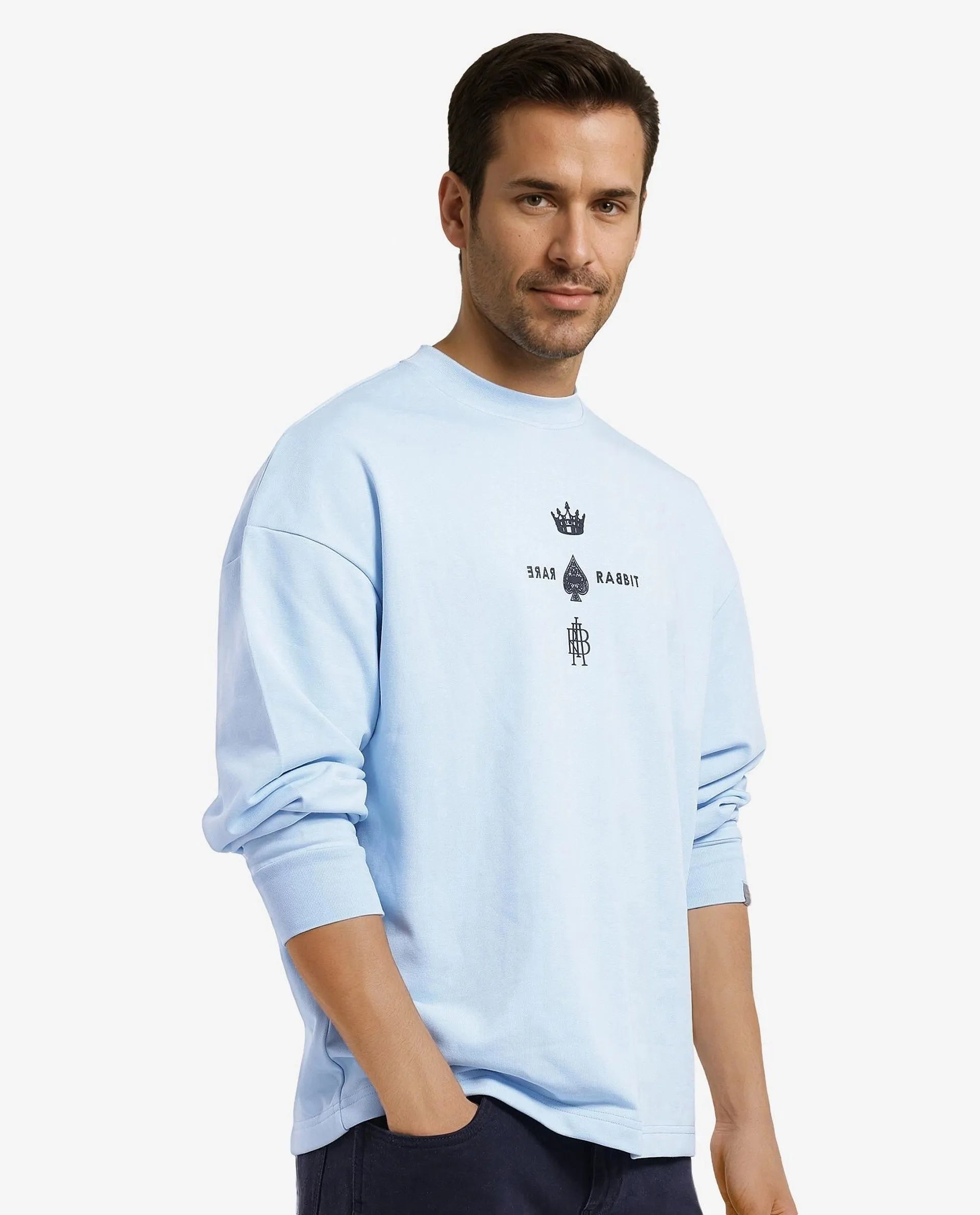 Rare Rabbit Men Remor Light Blue Cotton Polyester Fabric Full Sleeve Crew Neck Regular Fit Printed Sweatshirt