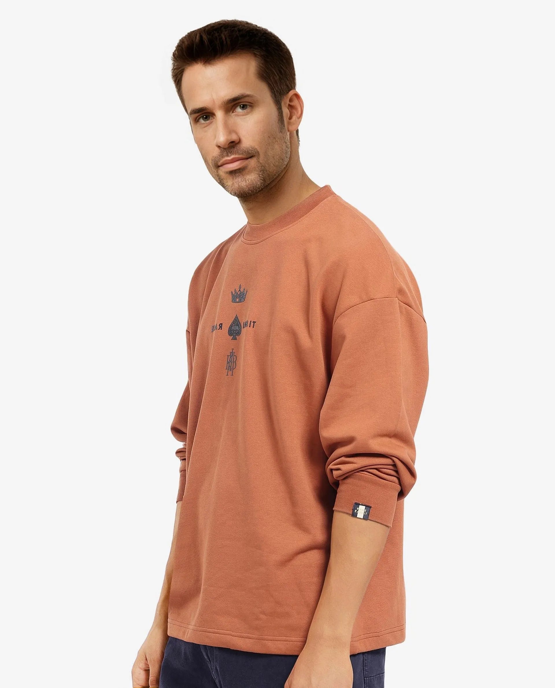 Rare Rabbit Men Remor Rust Cotton Polyester Fabric Full Sleeve Crew Neck Regular Fit Printed Sweatshirt