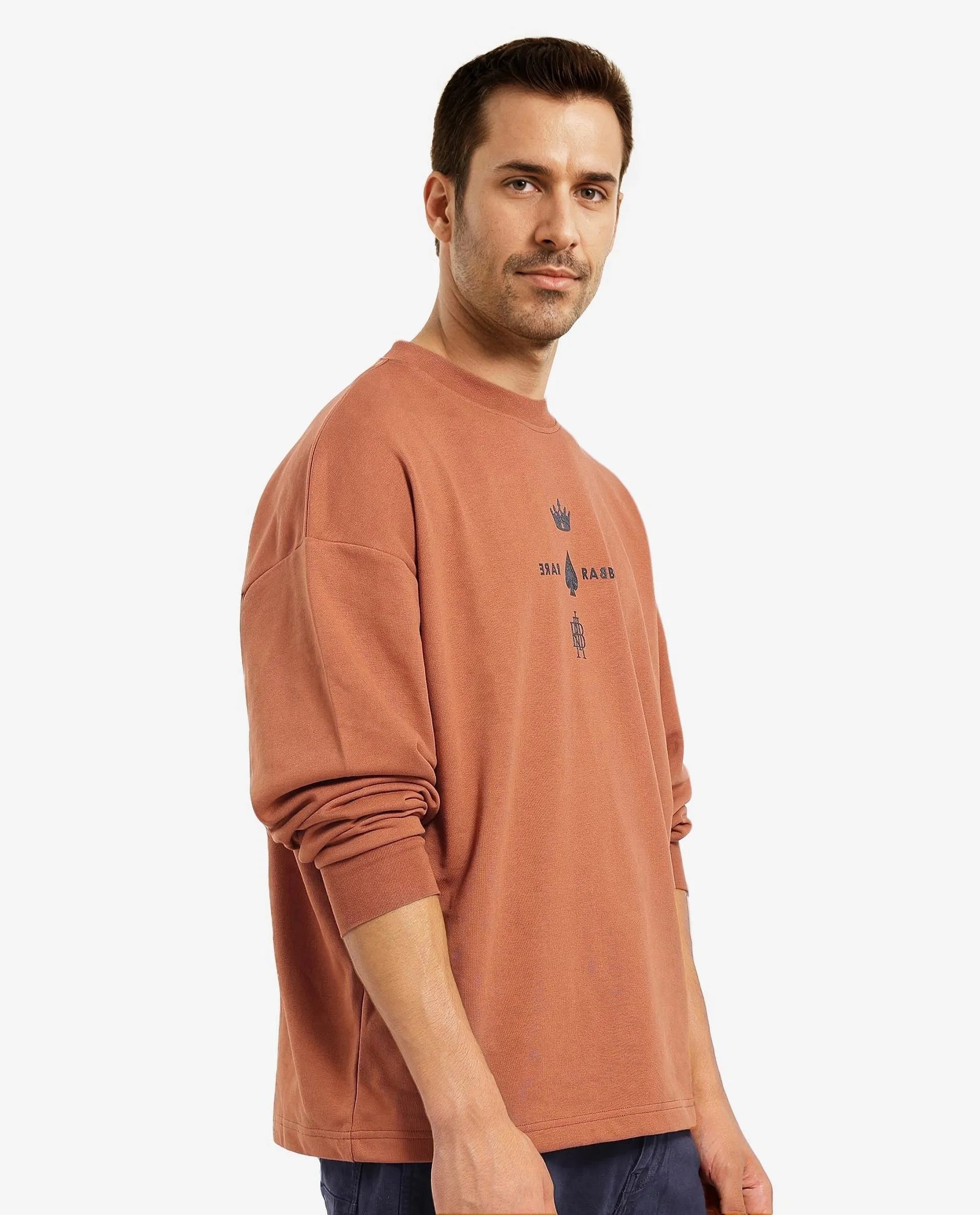 Rare Rabbit Men Remor Rust Cotton Polyester Fabric Full Sleeve Crew Neck Regular Fit Printed Sweatshirt