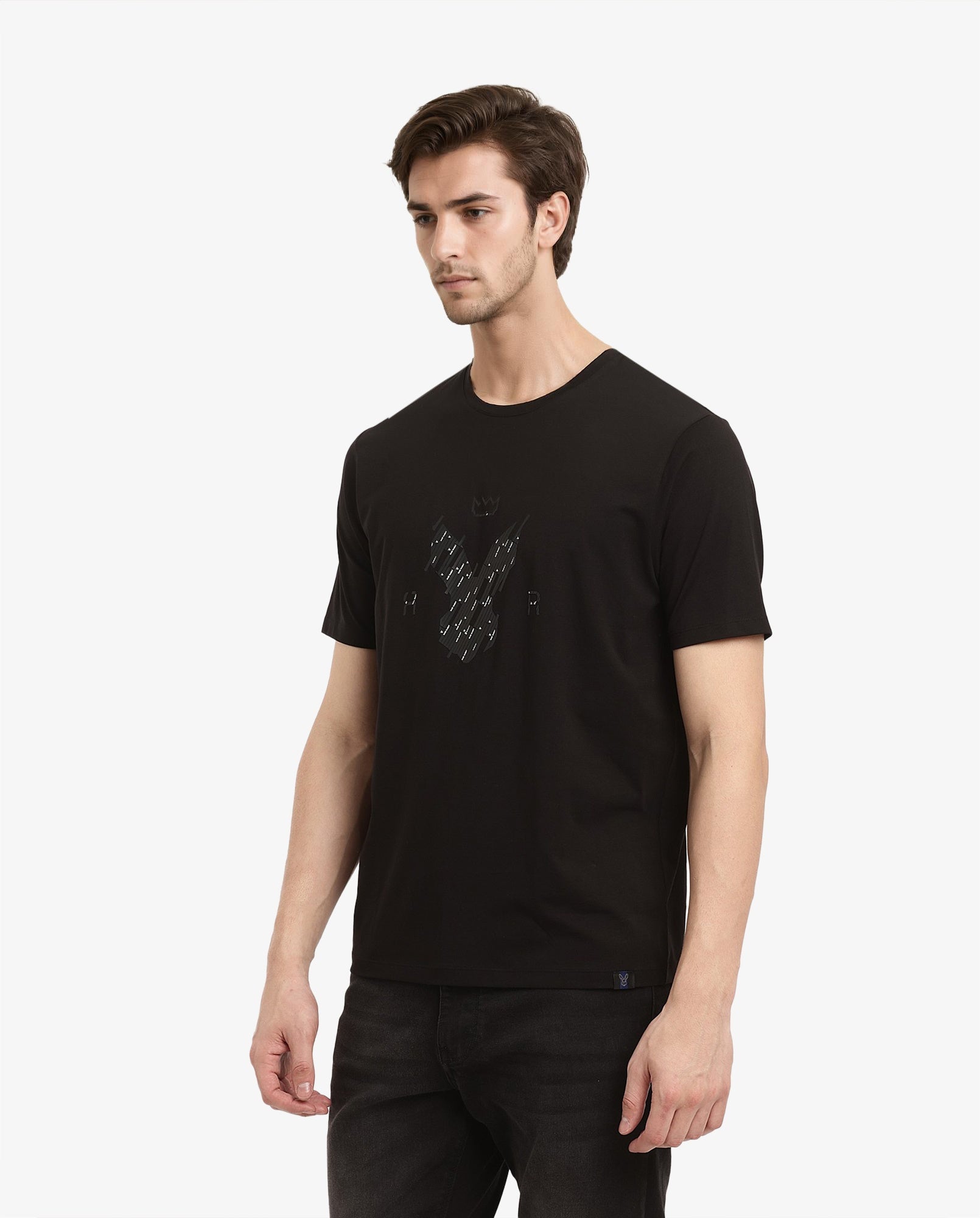 Rare Rabbit Men Ranato Black Cotton Lycra Fabric Short Sleeve Crew Neck Regular Fit Logo Graphic Print T-Shirt