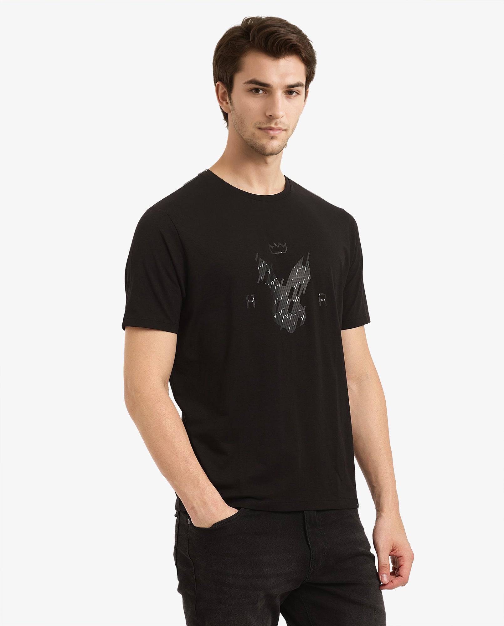 Rare Rabbit Men Ranato Black Cotton Lycra Fabric Short Sleeve Crew Neck Regular Fit Logo Graphic Print T-Shirt