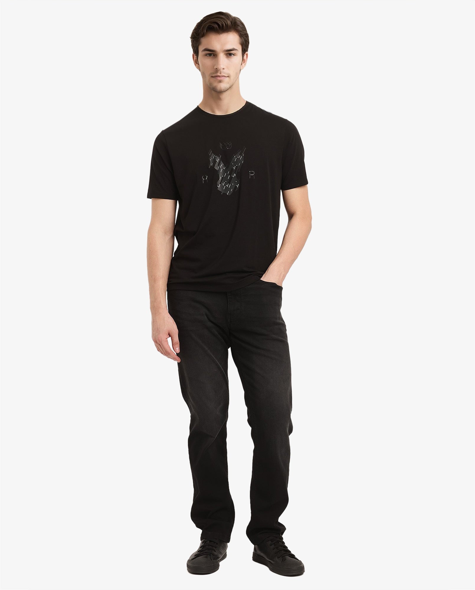 Rare Rabbit Men Ranato Black Cotton Lycra Fabric Short Sleeve Crew Neck Regular Fit Logo Graphic Print T-Shirt