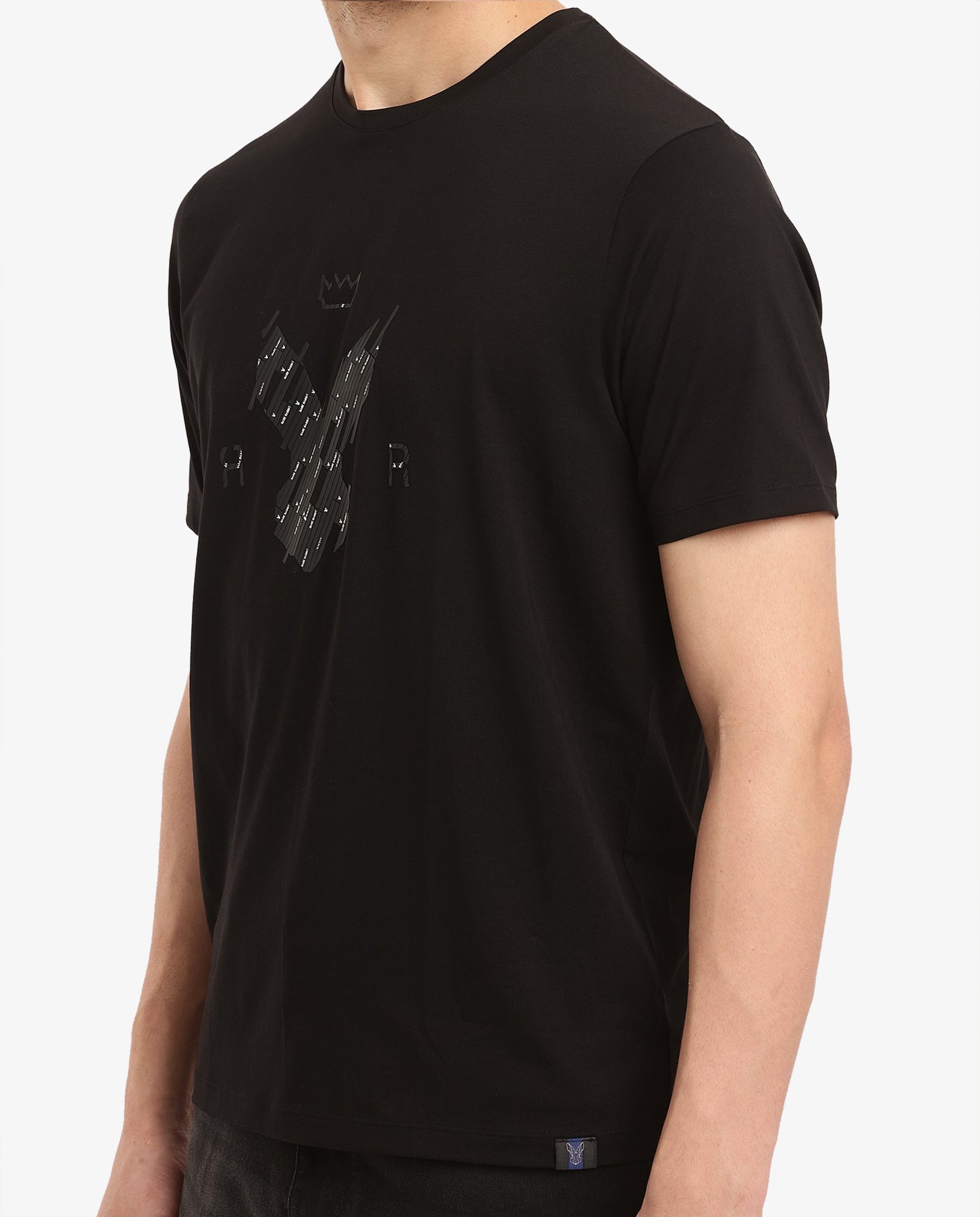 Rare Rabbit Men Ranato Black Cotton Lycra Fabric Short Sleeve Crew Neck Regular Fit Logo Graphic Print T-Shirt