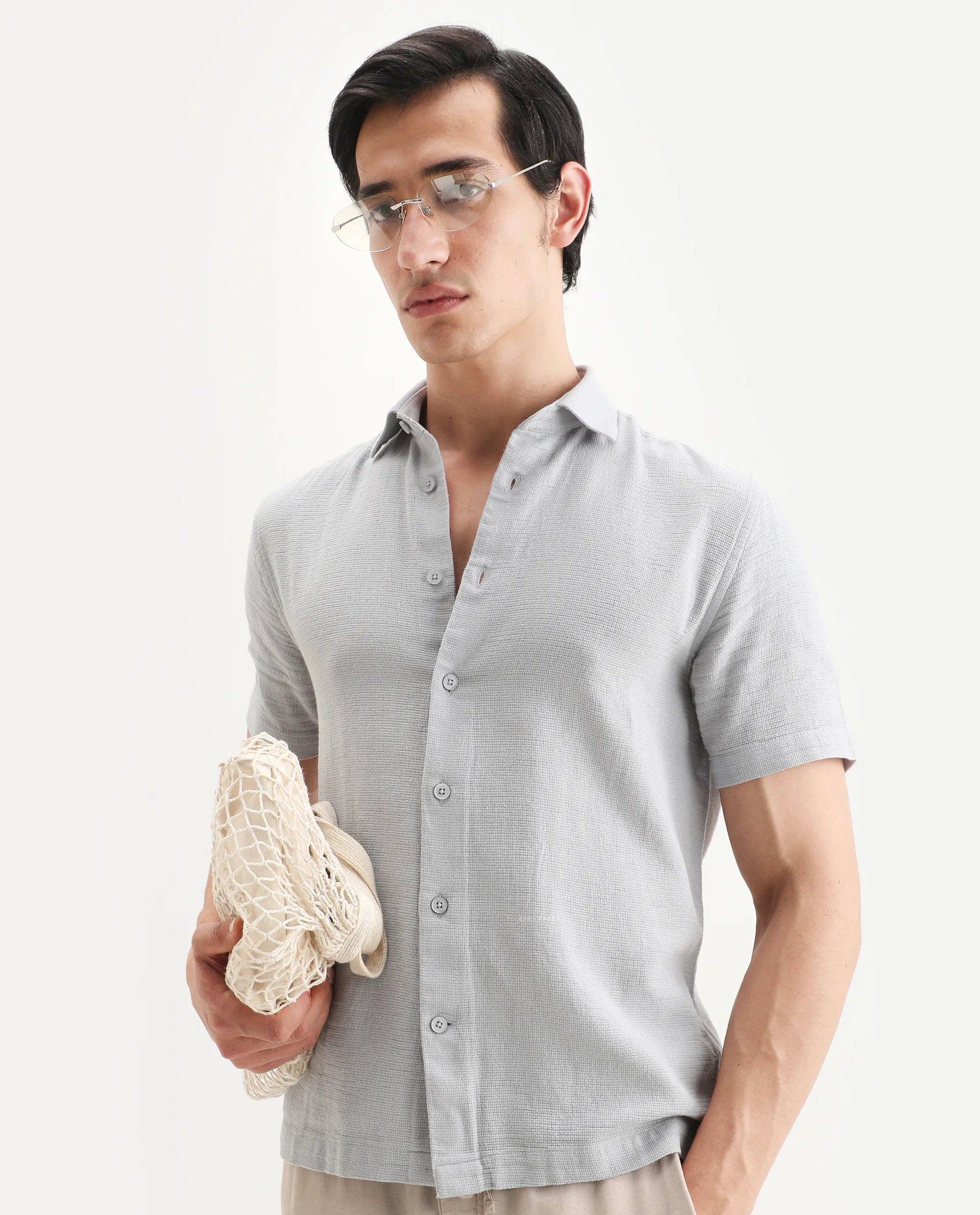 Rare Rabbit Men's Rends Light Grey Cotton Fabric Half Sleeve Spread Collar Regular Fit Textured Shirt