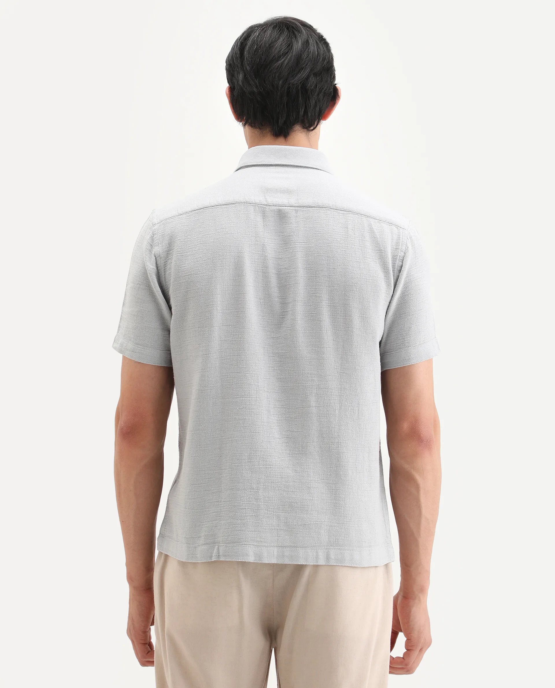 Rare Rabbit Men's Rends Light Grey Cotton Fabric Half Sleeve Spread Collar Regular Fit Textured Shirt