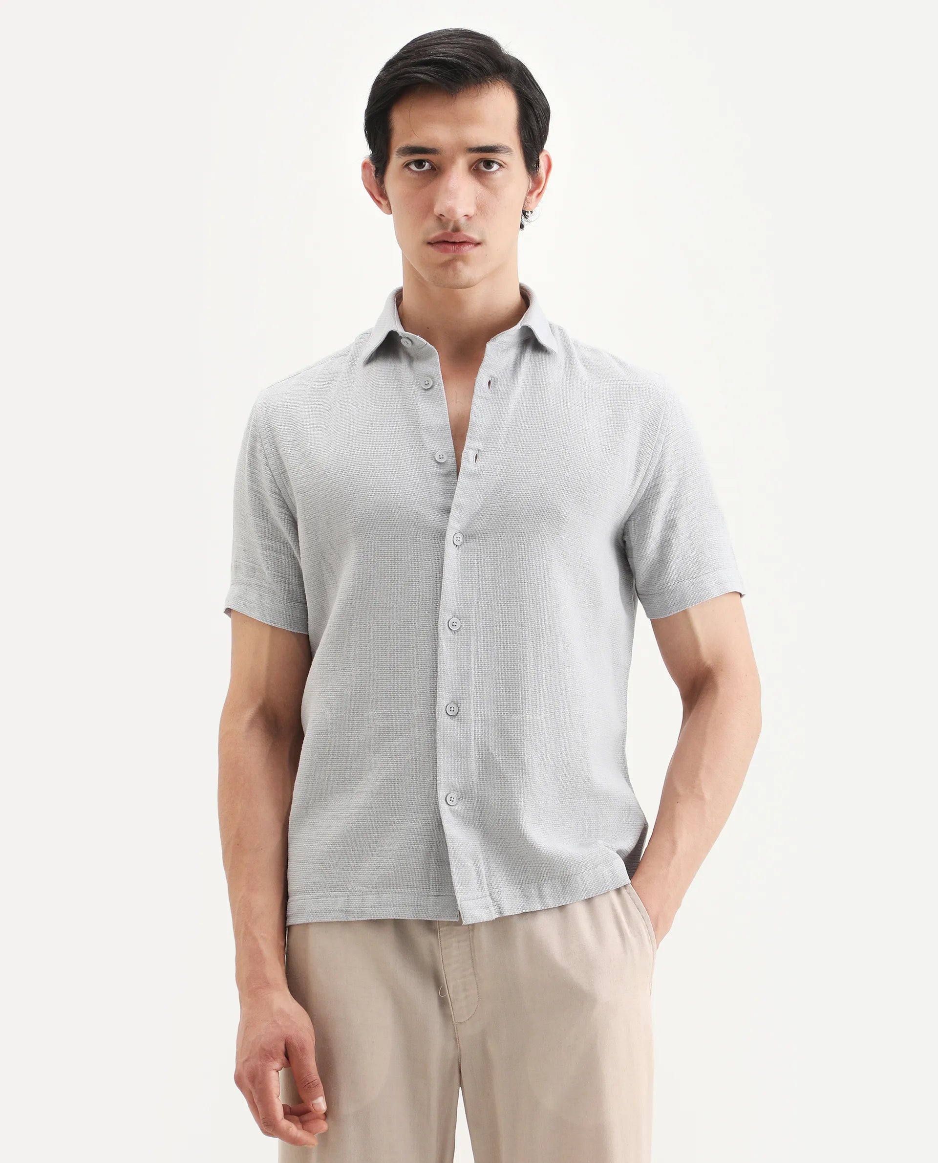 Rare Rabbit Men's Rends Light Grey Cotton Fabric Half Sleeve Spread Collar Regular Fit Textured Shirt