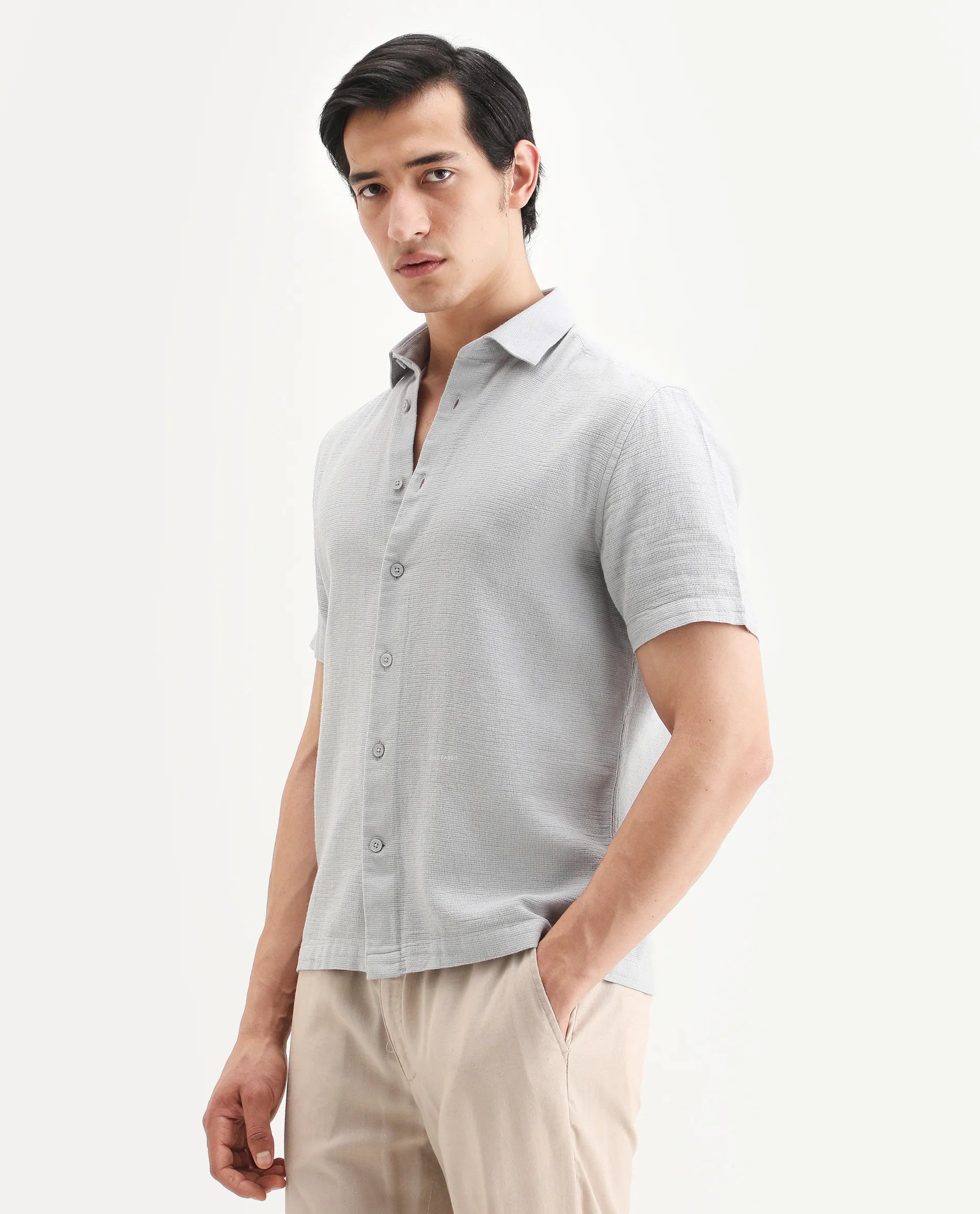 Rare Rabbit Men's Rends Light Grey Cotton Fabric Half Sleeve Spread Collar Regular Fit Textured Shirt