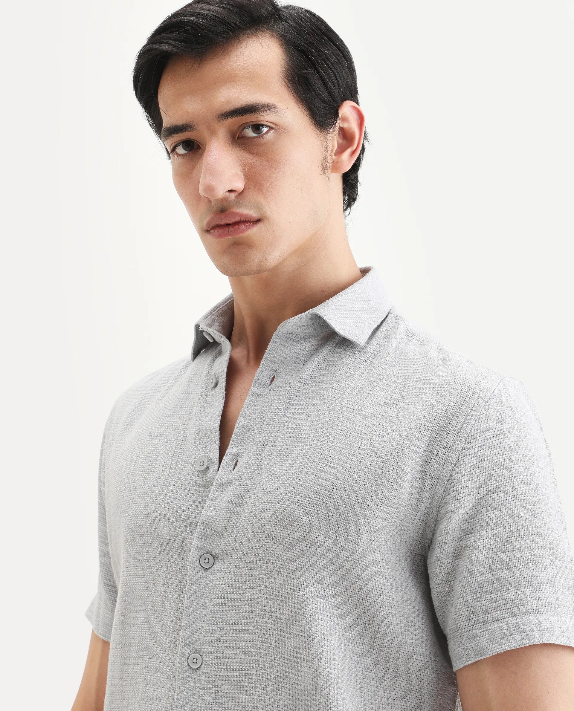 Rare Rabbit Men's Rends Light Grey Cotton Fabric Half Sleeve Spread Collar Regular Fit Textured Shirt