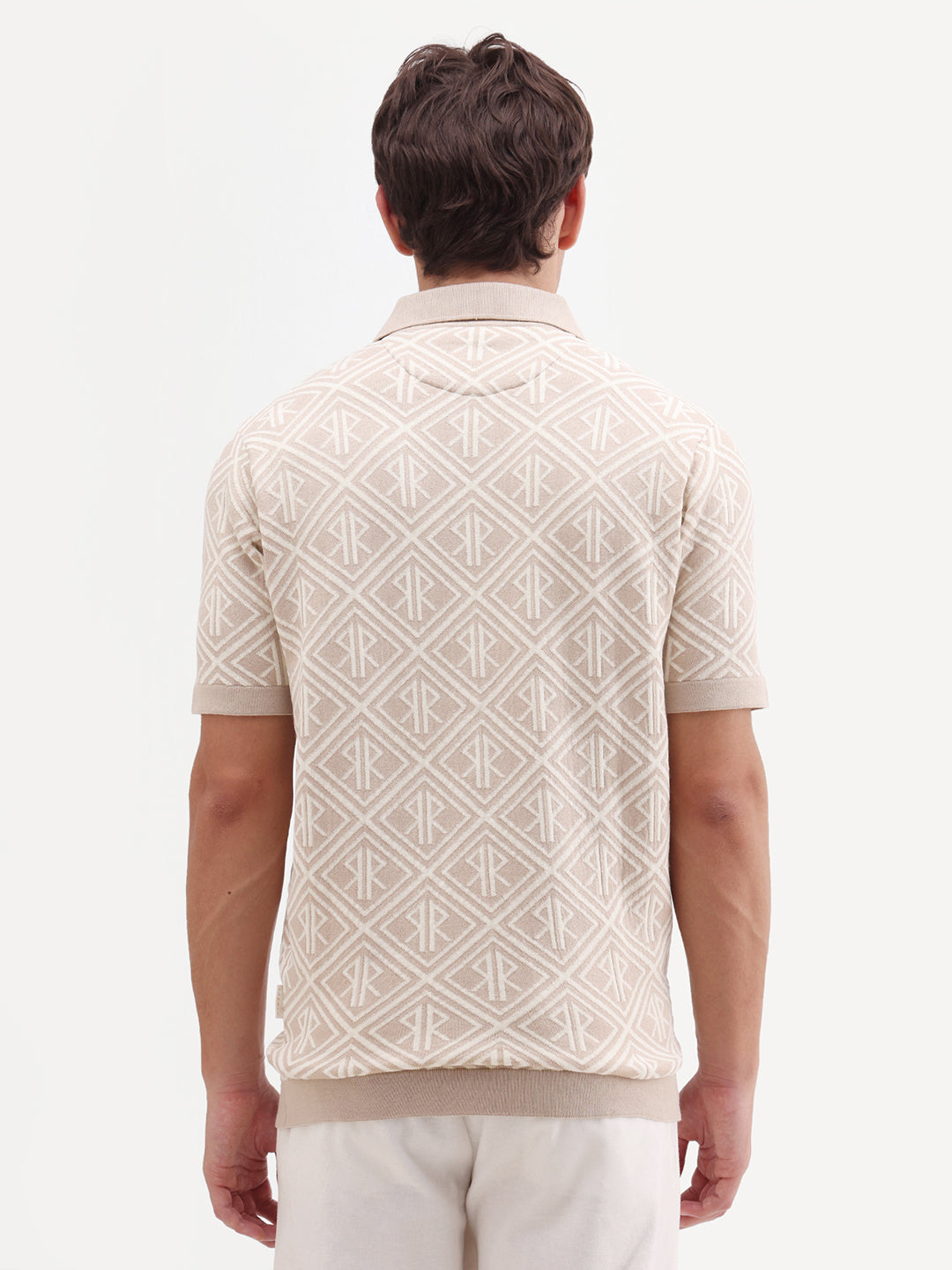 Rare Rabbit Men's Rene Beige Cotton Blend Johnny Collar Regular Jacquard Polo