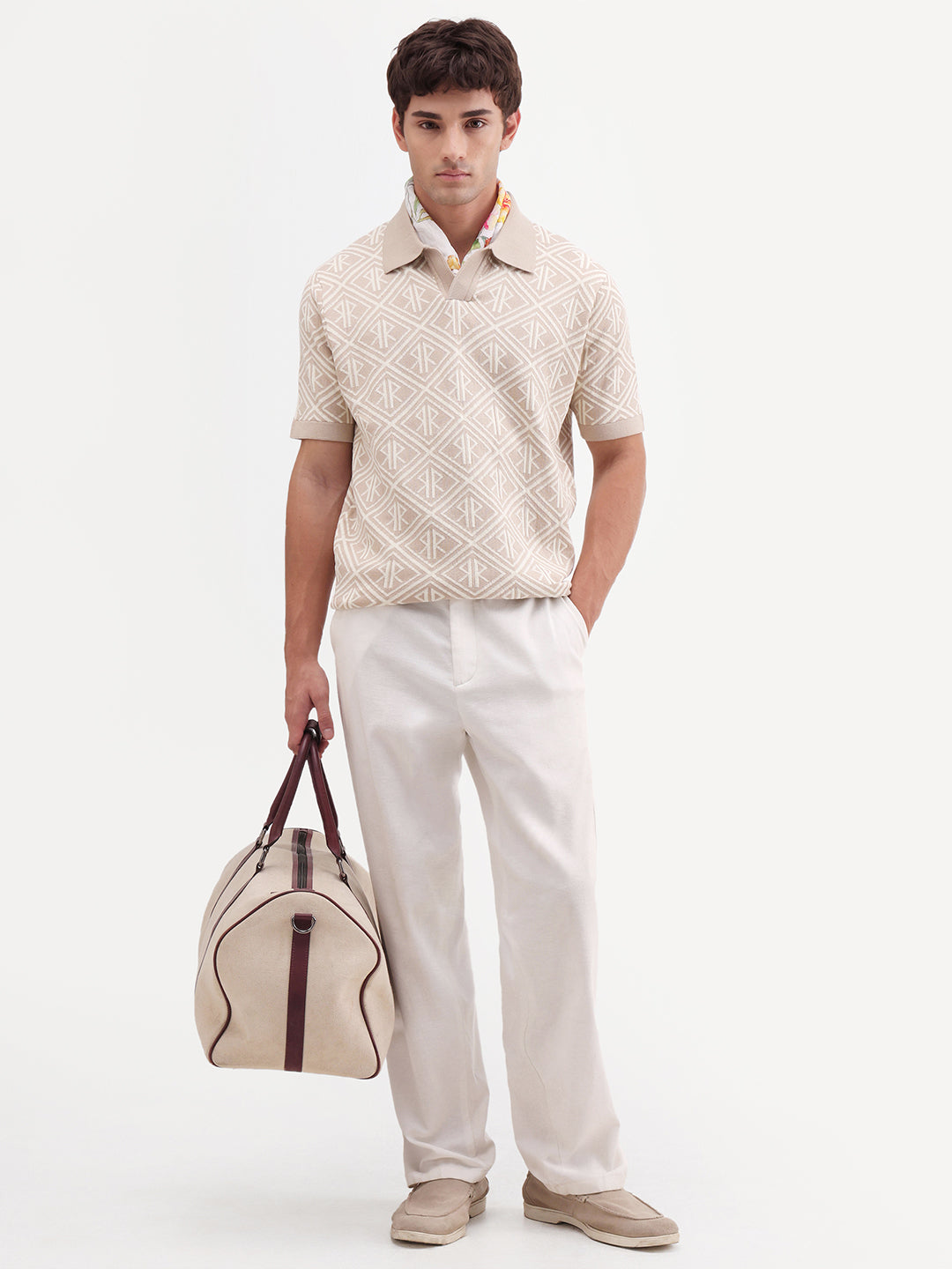 Rare Rabbit Men's Rene Beige Cotton Blend Johnny Collar Regular Jacquard Polo