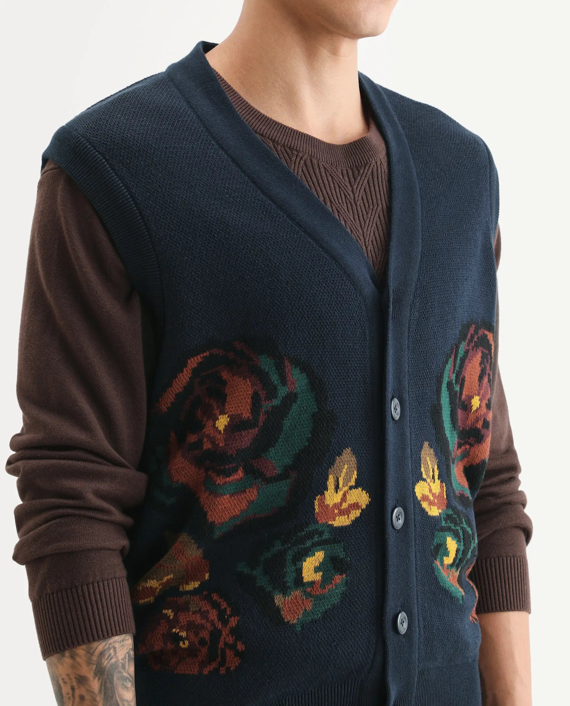 Rare Rabbit Men's Rene Dark Navy Cotton Fabric Sleeveless V-Neck Embroidered Sweater