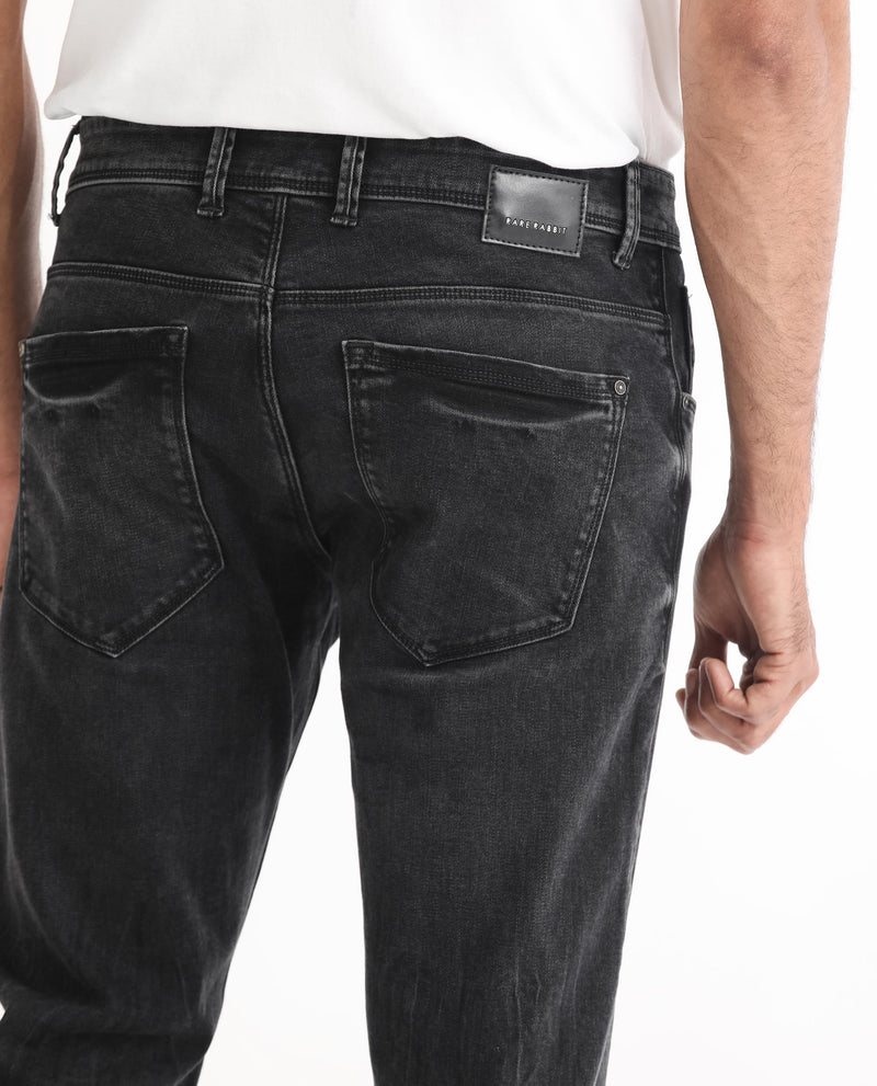 Rare Rabbit Men's Reney Black Mid Wash Mid-Rise Slim Fit Jeans