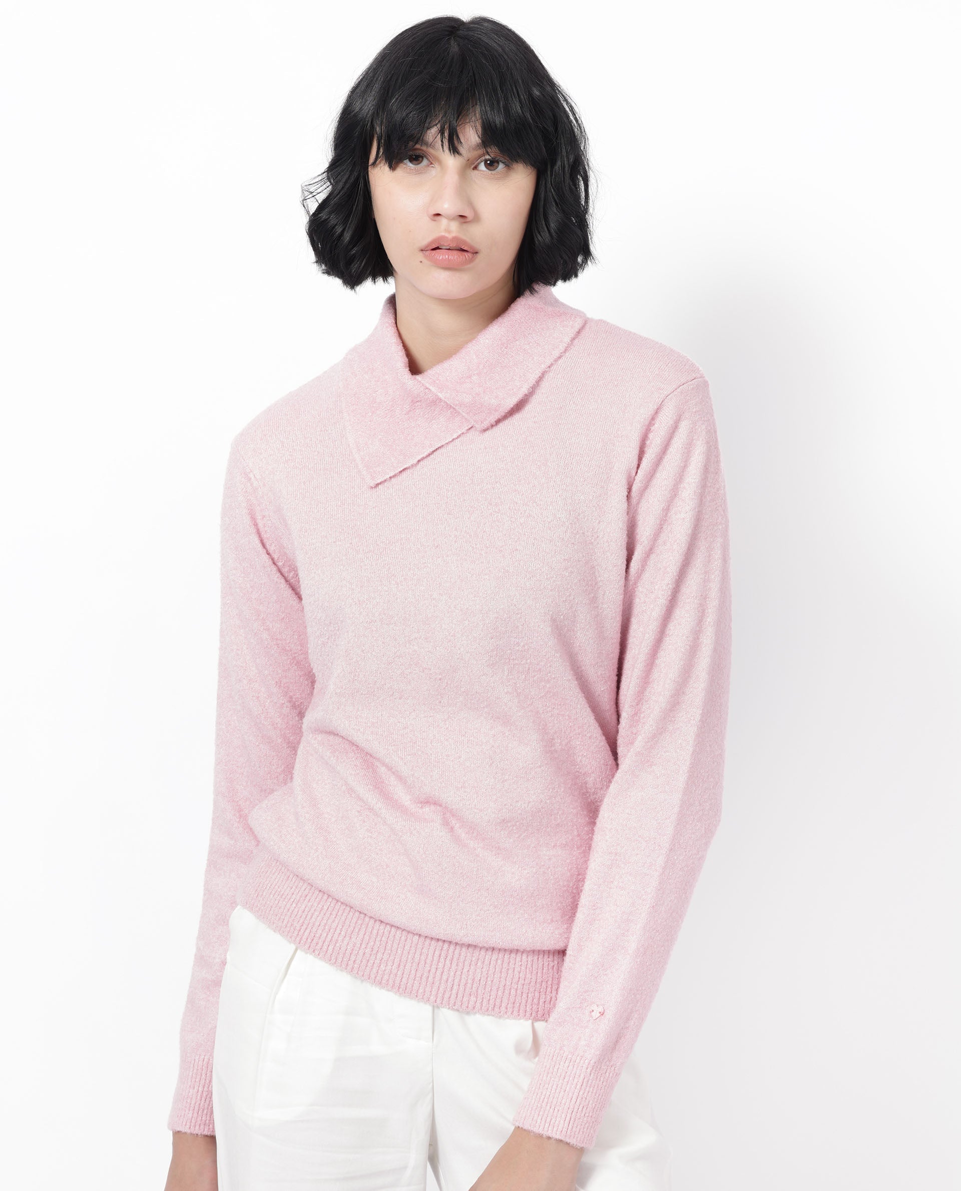 Rareism Women Reni Pink Acrylic Fabric Full Sleeves Over Lap Regular Fit Plain Sweater