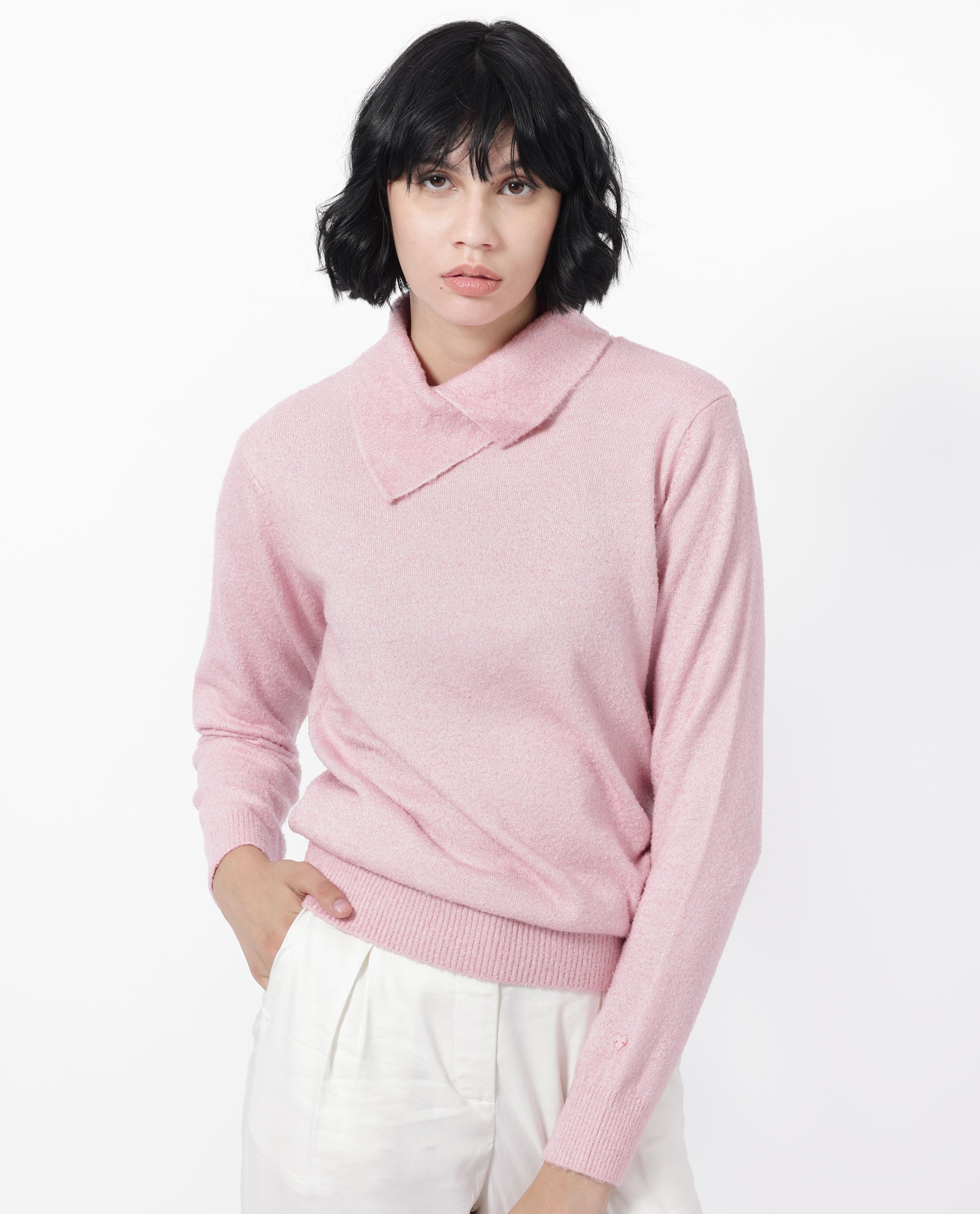 Rareism Women Reni Pink Acrylic Fabric Full Sleeves Over Lap Regular Fit Plain Sweater