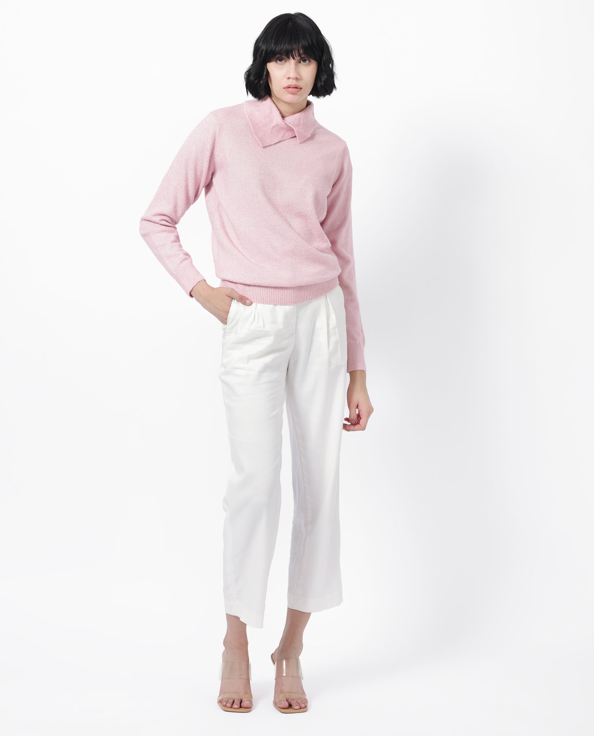 Rareism Women Reni Pink Acrylic Fabric Full Sleeves Over Lap Regular Fit Plain Sweater