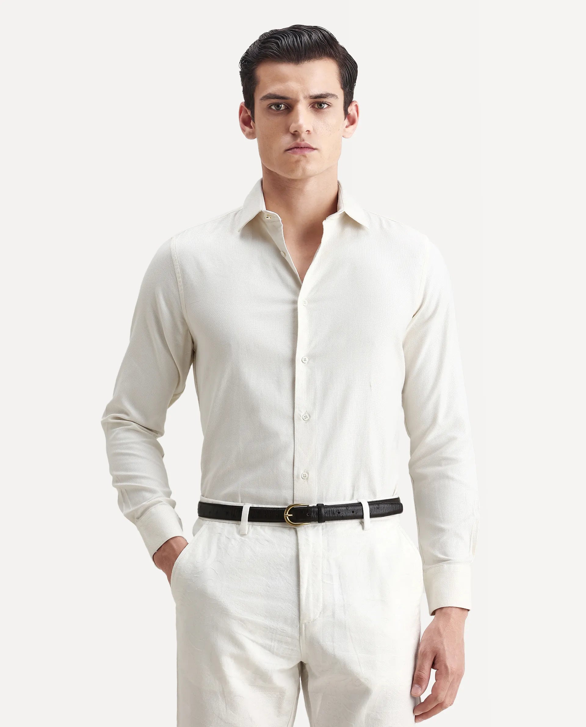 Rare Rabbit Men's Renil Off White Cotton Plain Regular Fit Full Sleeve Collared Shirt