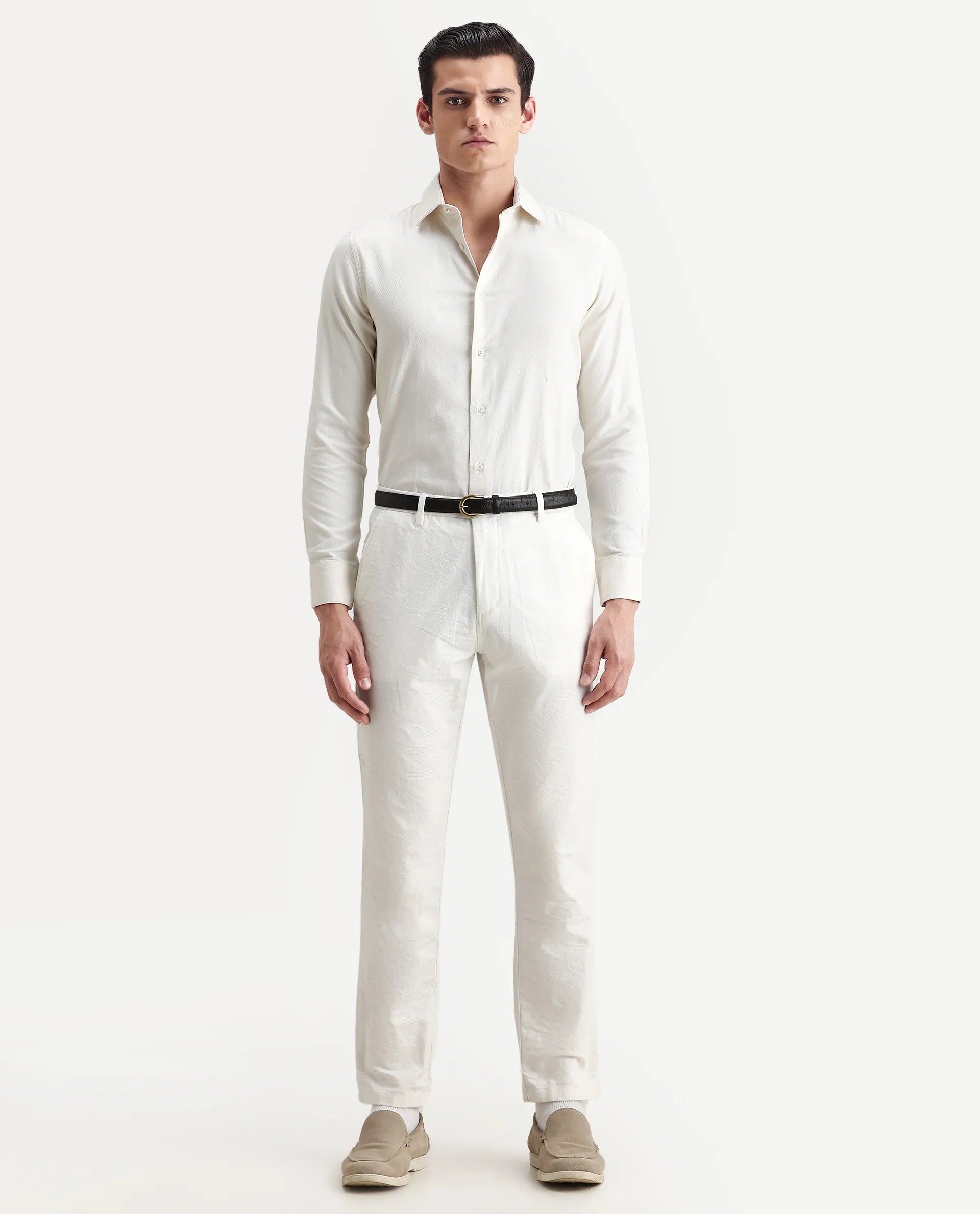 Rare Rabbit Men's Renil Off White Cotton Plain Regular Fit Full Sleeve Collared Shirt