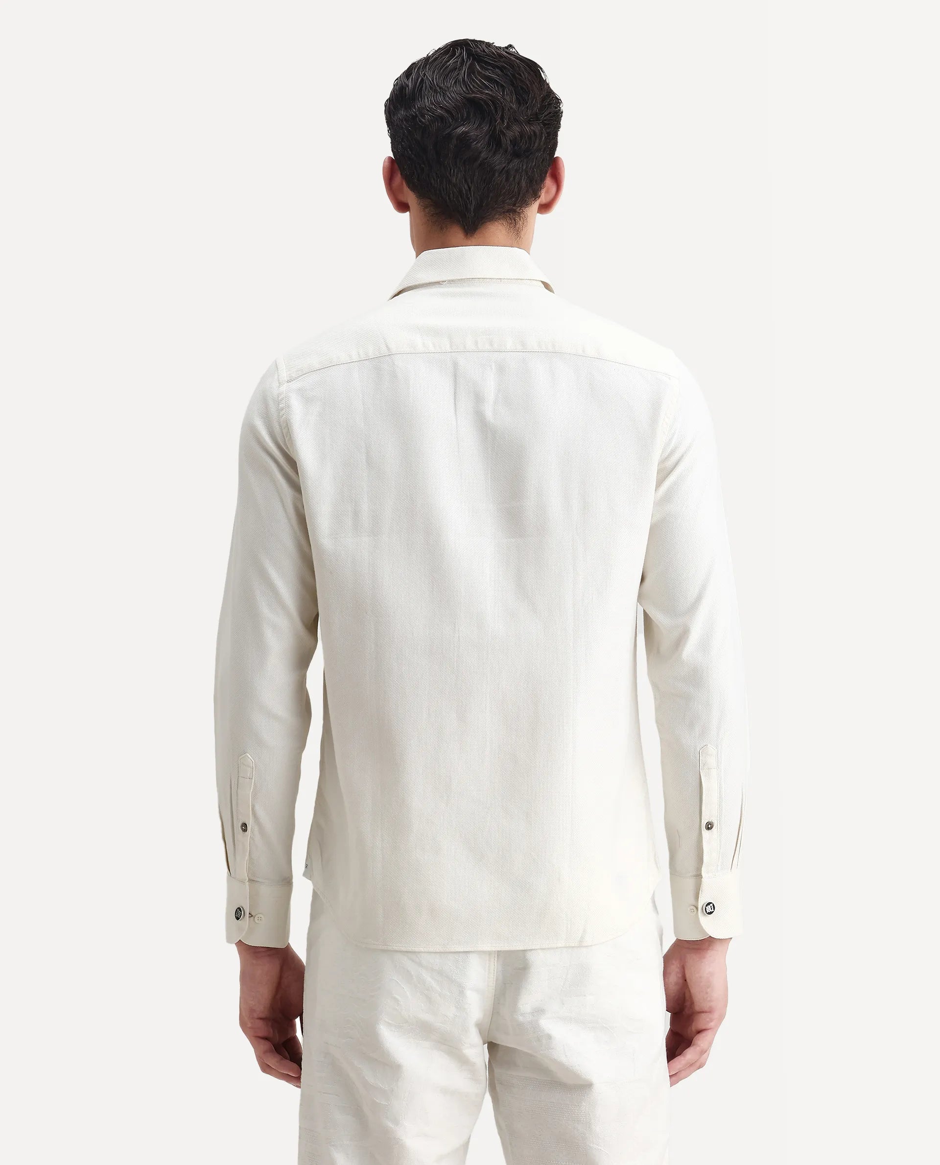 Rare Rabbit Men's Renil Off White Cotton Plain Regular Fit Full Sleeve Collared Shirt