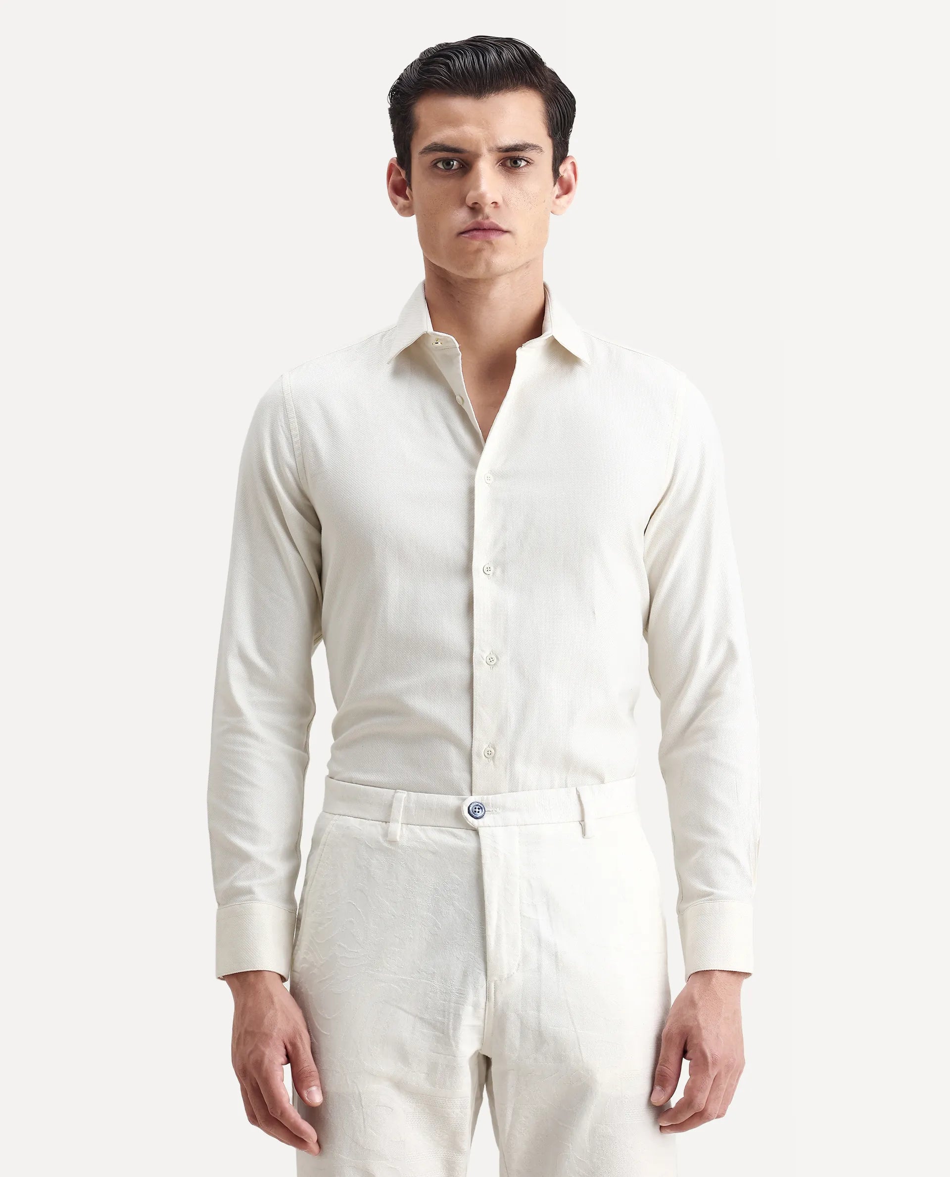 Rare Rabbit Men's Renil Off White Cotton Plain Regular Fit Full Sleeve Collared Shirt