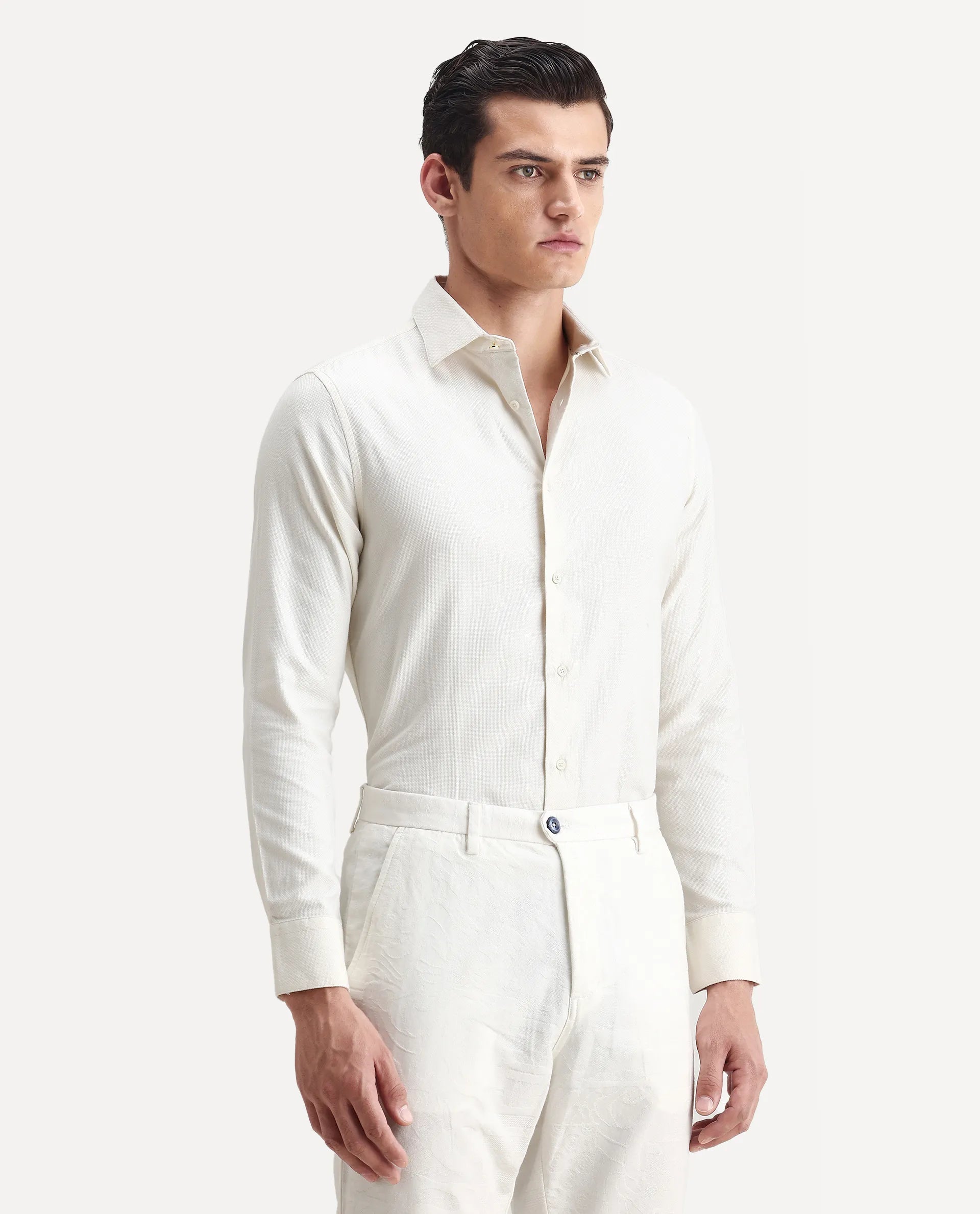 Rare Rabbit Men's Renil Off White Cotton Plain Regular Fit Full Sleeve Collared Shirt