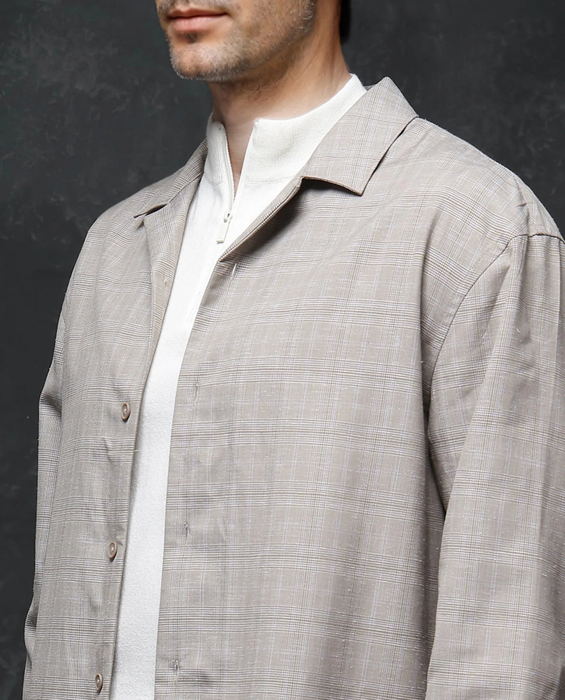 Rare Rabbit Men Reno Beige Cotton Blend Fabric Full Sleeve Cuban Collared Button Closure Regular Fit Checks Premium Casual Shirt