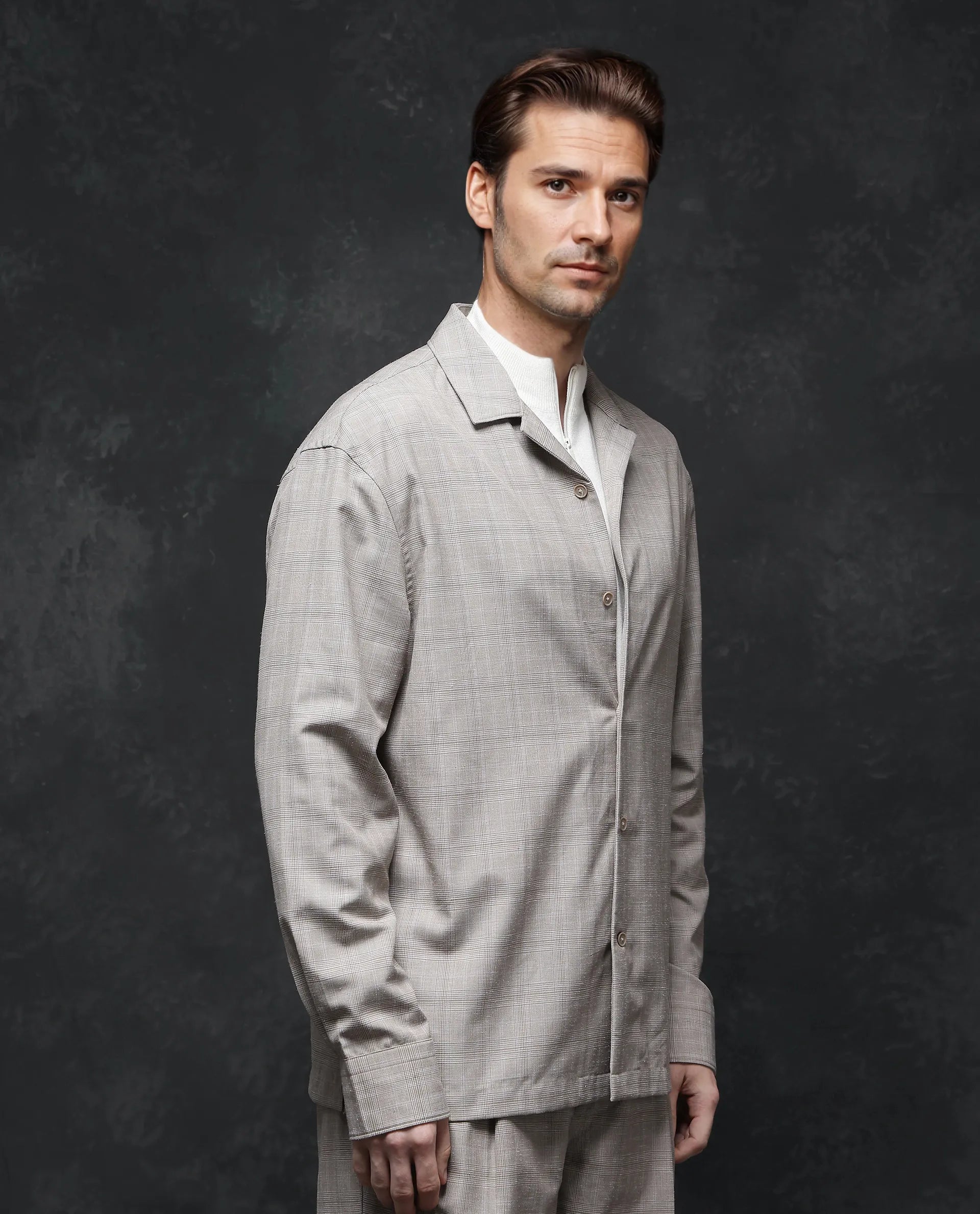 Rare Rabbit Men Reno Beige Cotton Blend Fabric Full Sleeve Cuban Collared Button Closure Regular Fit Checks Premium Casual Shirt