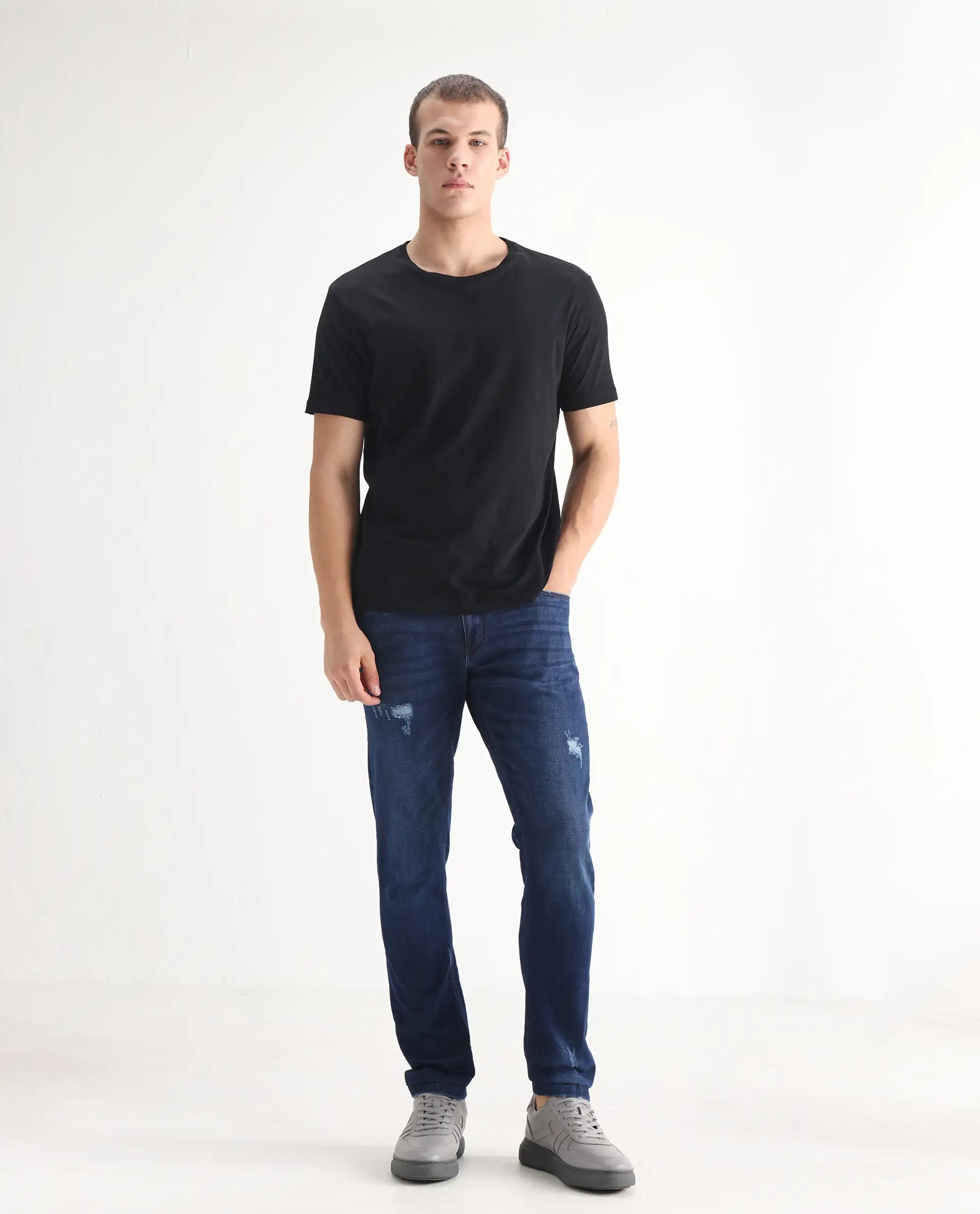 Rare Rabbit Men's Reno Blue Cotton Plain Hawk Slim Fit Jeans