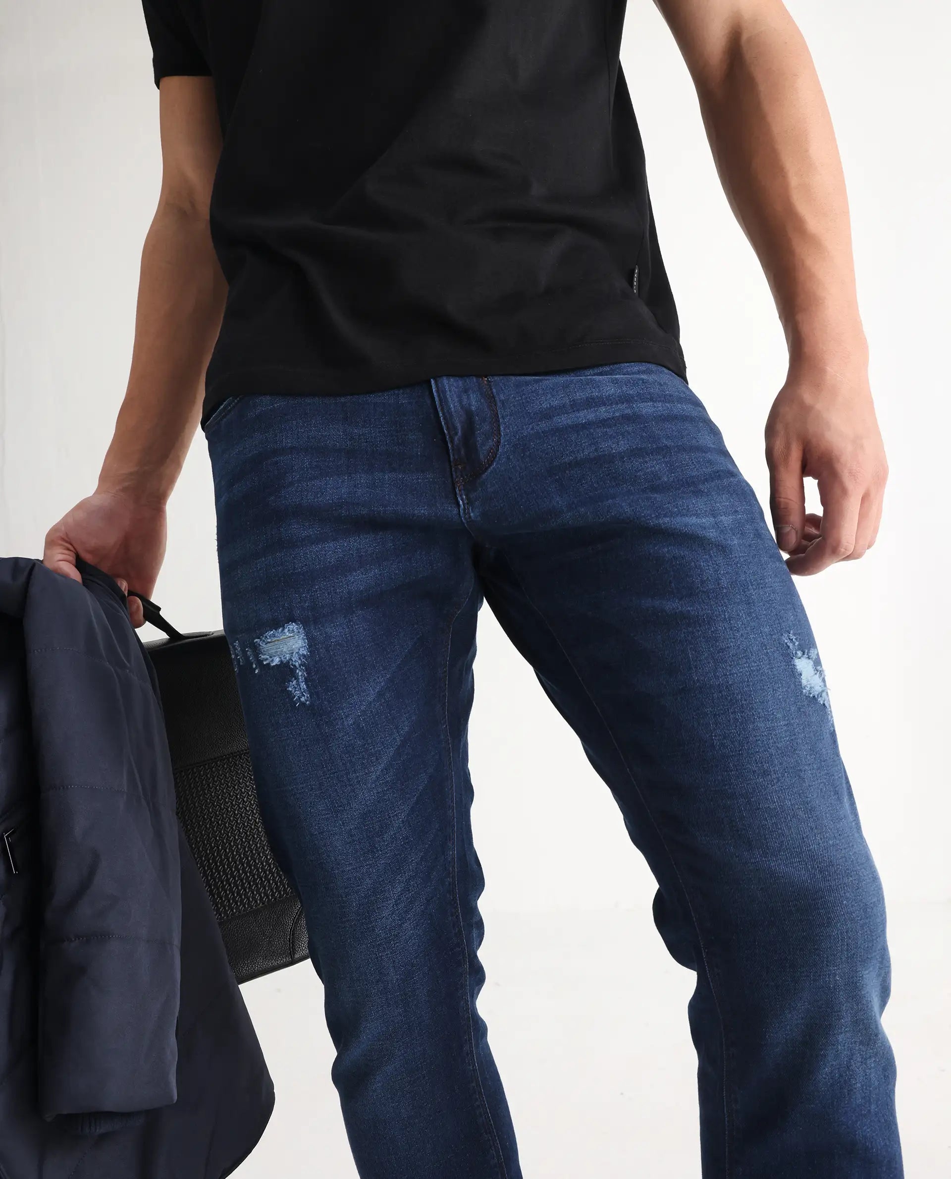 Rare Rabbit Men's Reno Blue Cotton Plain Hawk Slim Fit Jeans