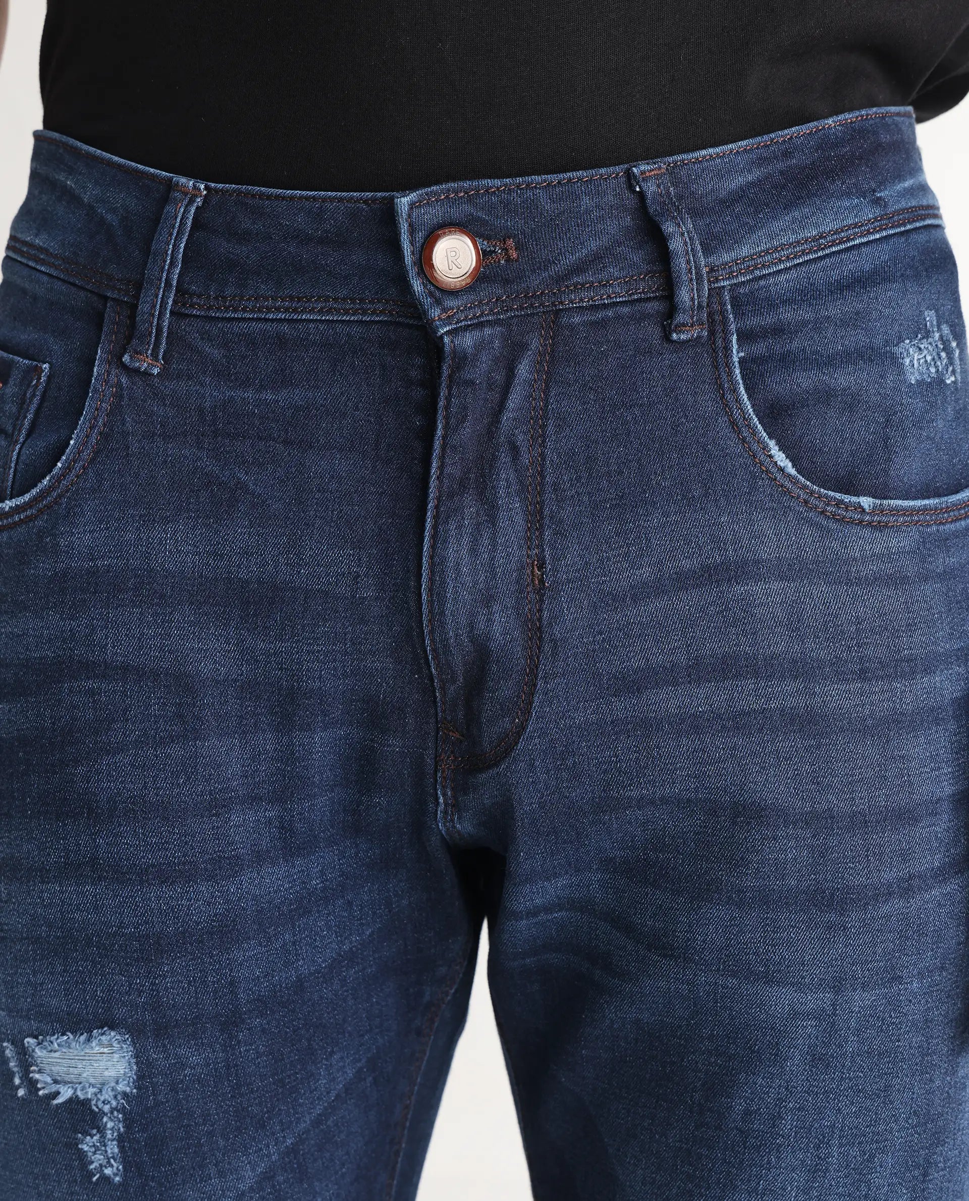 Rare Rabbit Men's Reno Blue Cotton Plain Hawk Slim Fit Jeans