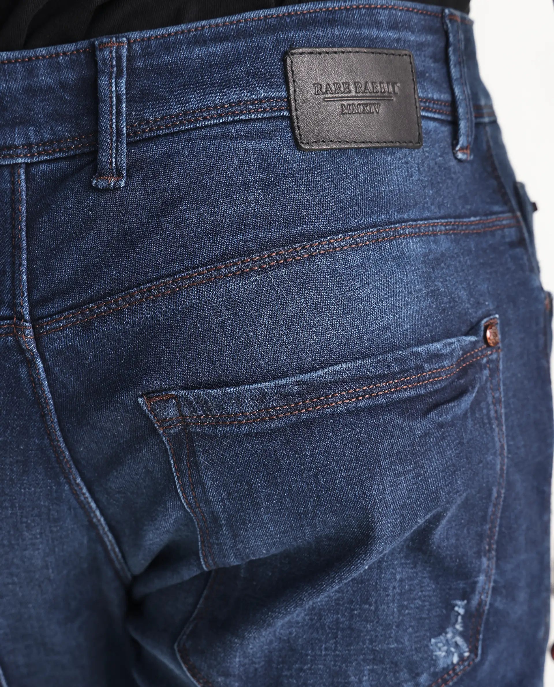 Rare Rabbit Men's Reno Blue Cotton Plain Hawk Slim Fit Jeans