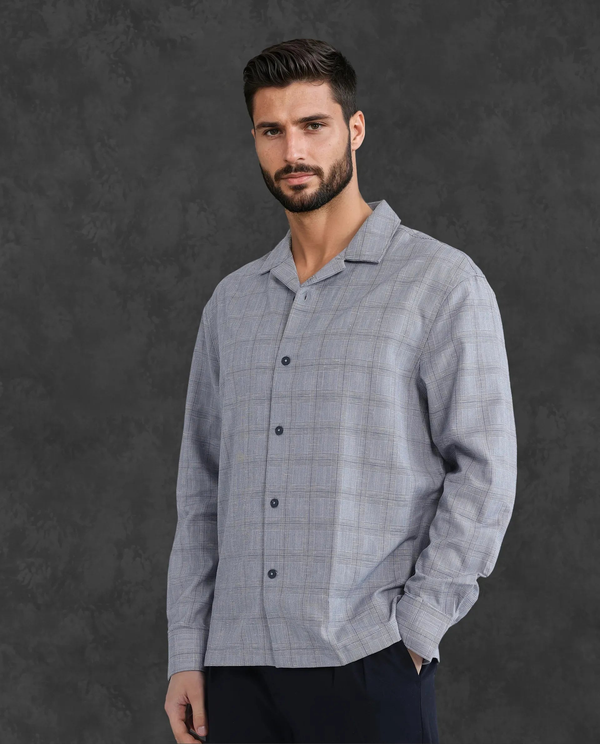 Rare Rabbit Men Reno Blue Cotton Blend Fabric Full Sleeve Cuban Collared Button Closure Regular Fit Checks Premium Casual Shirt