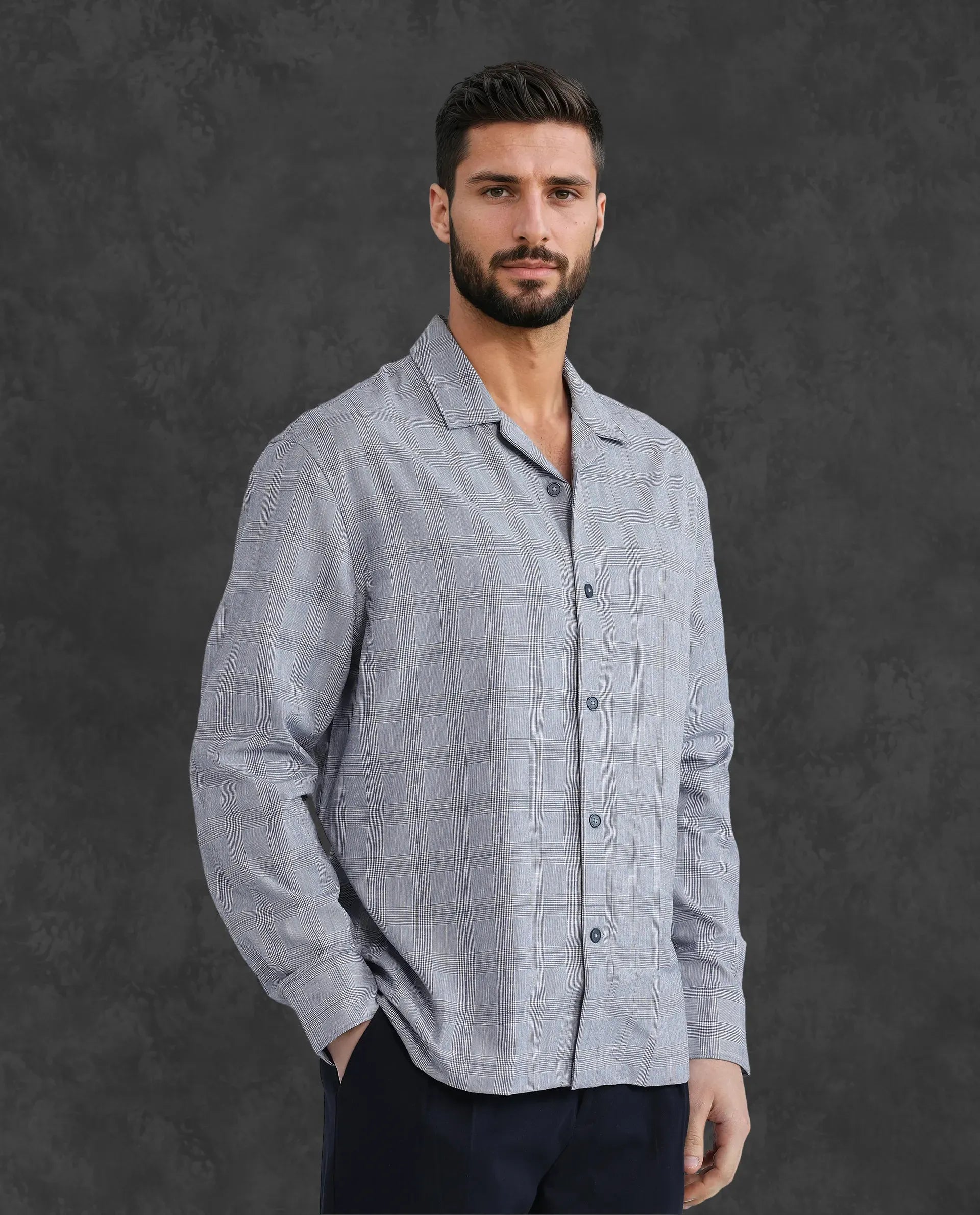 Rare Rabbit Men Reno Blue Cotton Blend Fabric Full Sleeve Cuban Collared Button Closure Regular Fit Checks Premium Casual Shirt