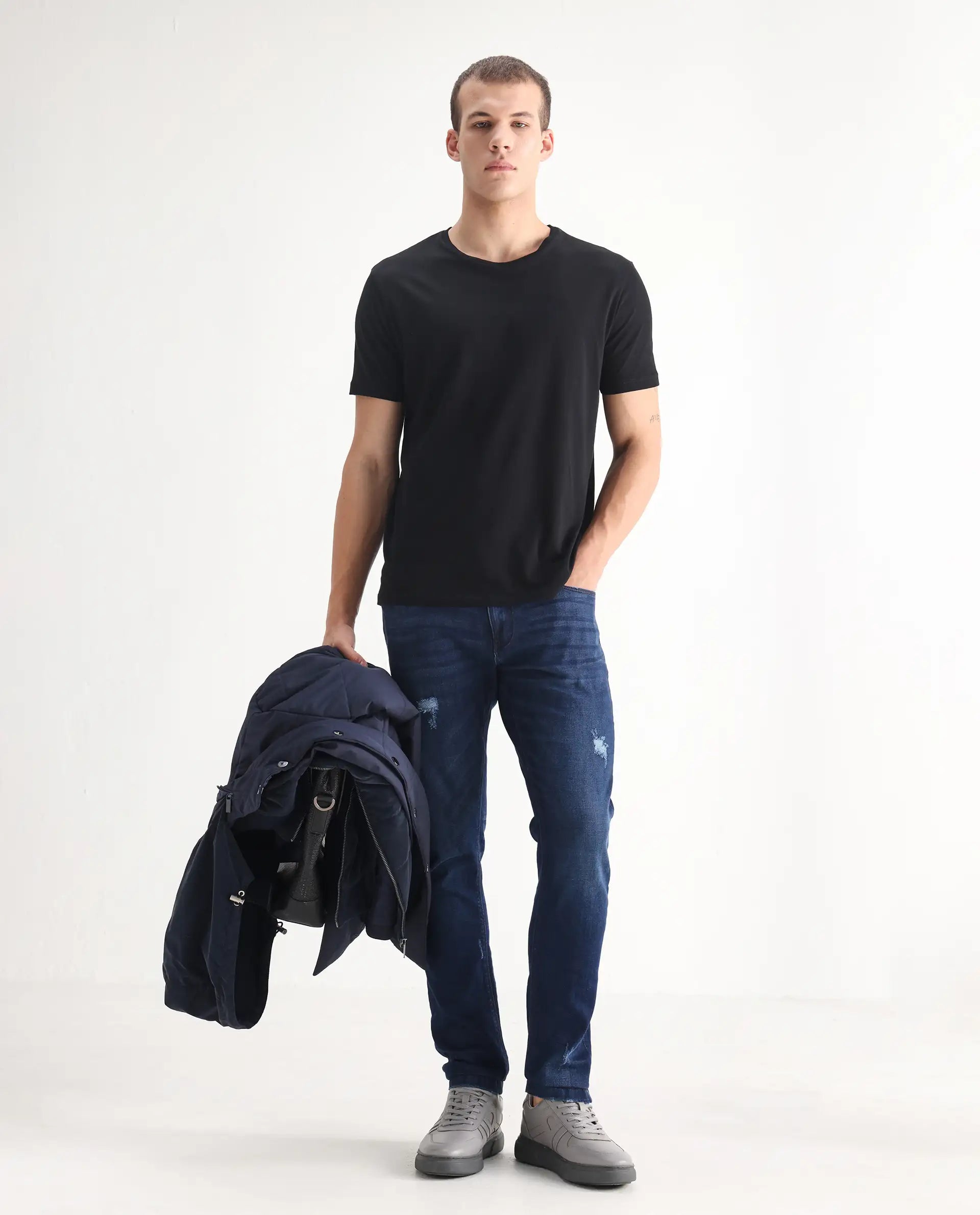 Rare Rabbit Men's Reno Blue Cotton Plain Hawk Slim Fit Jeans