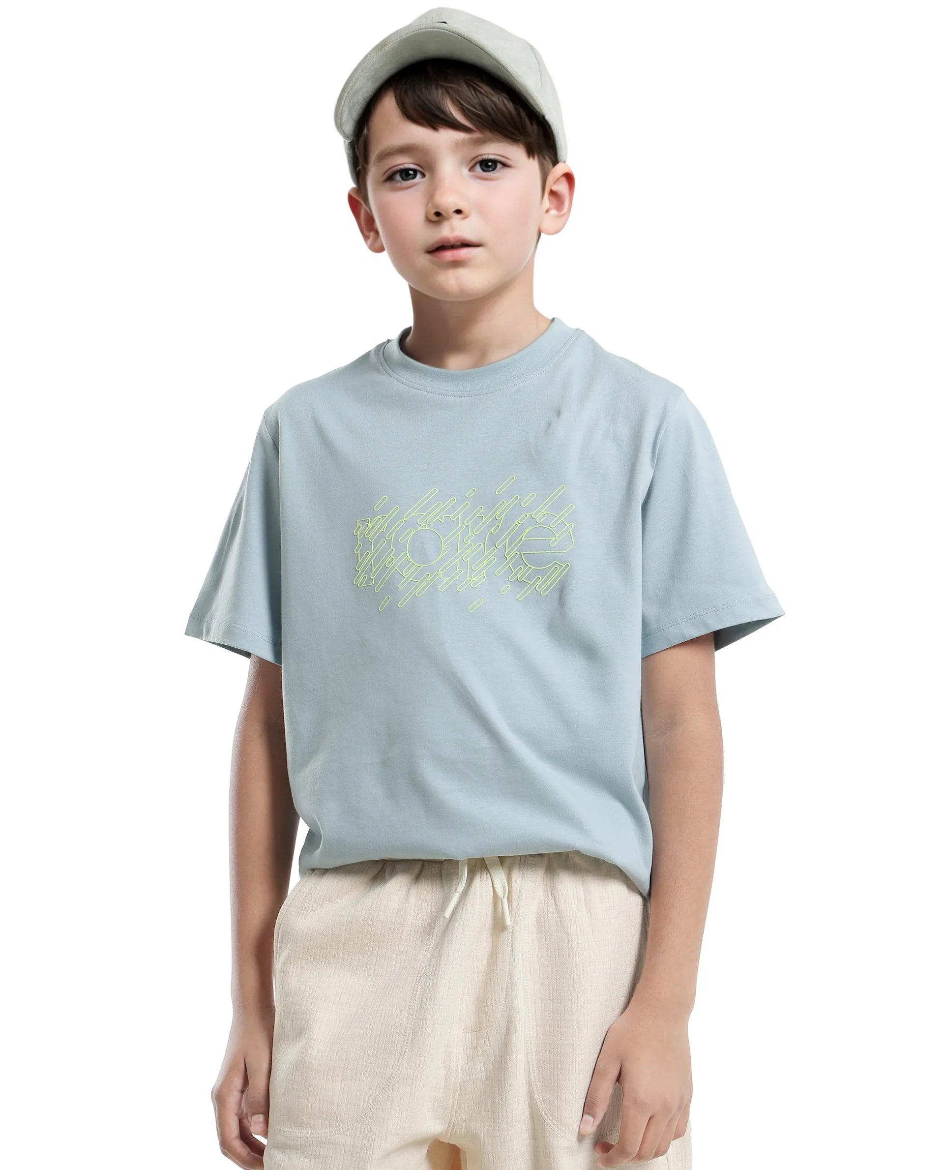 Rare Ones Kids Reno Light Turq Cotton Blend Half Sleeve Printed Regular Fit T-Shirt