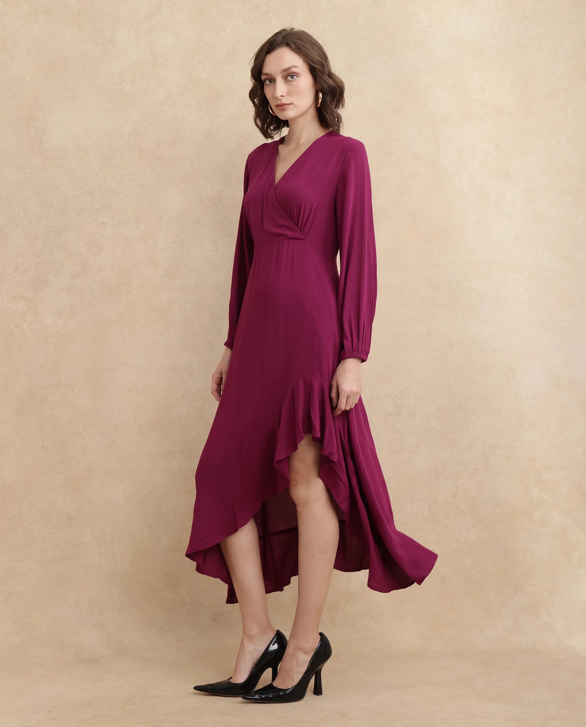 Rareism Women's Rens Dark Maroon  Overlap Neck Slip-On Closure Puff Sleeve Plain Fit And Flare Maxi Dress