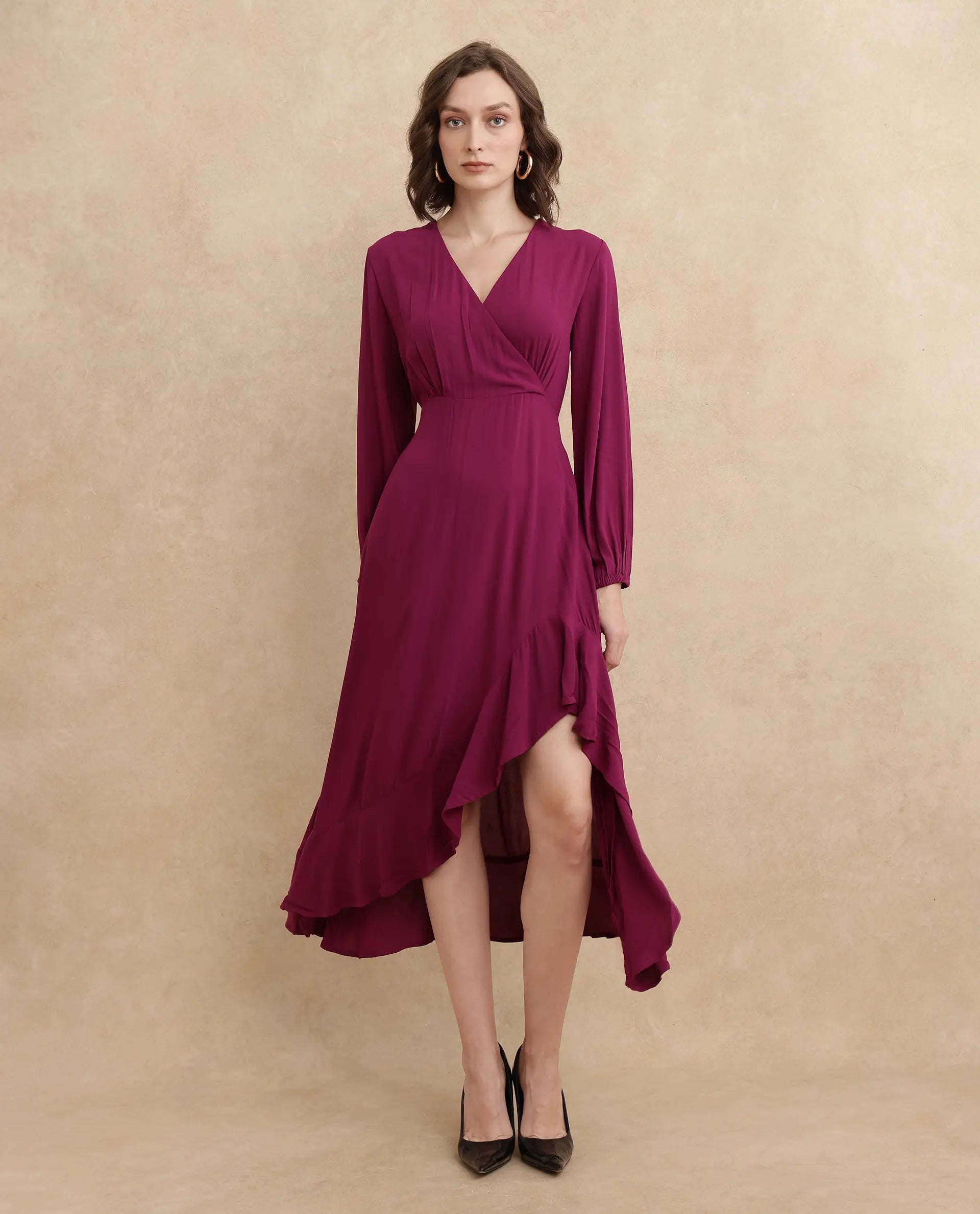 Rareism Women's Rens Dark Maroon  Overlap Neck Slip-On Closure Puff Sleeve Plain Fit And Flare Maxi Dress