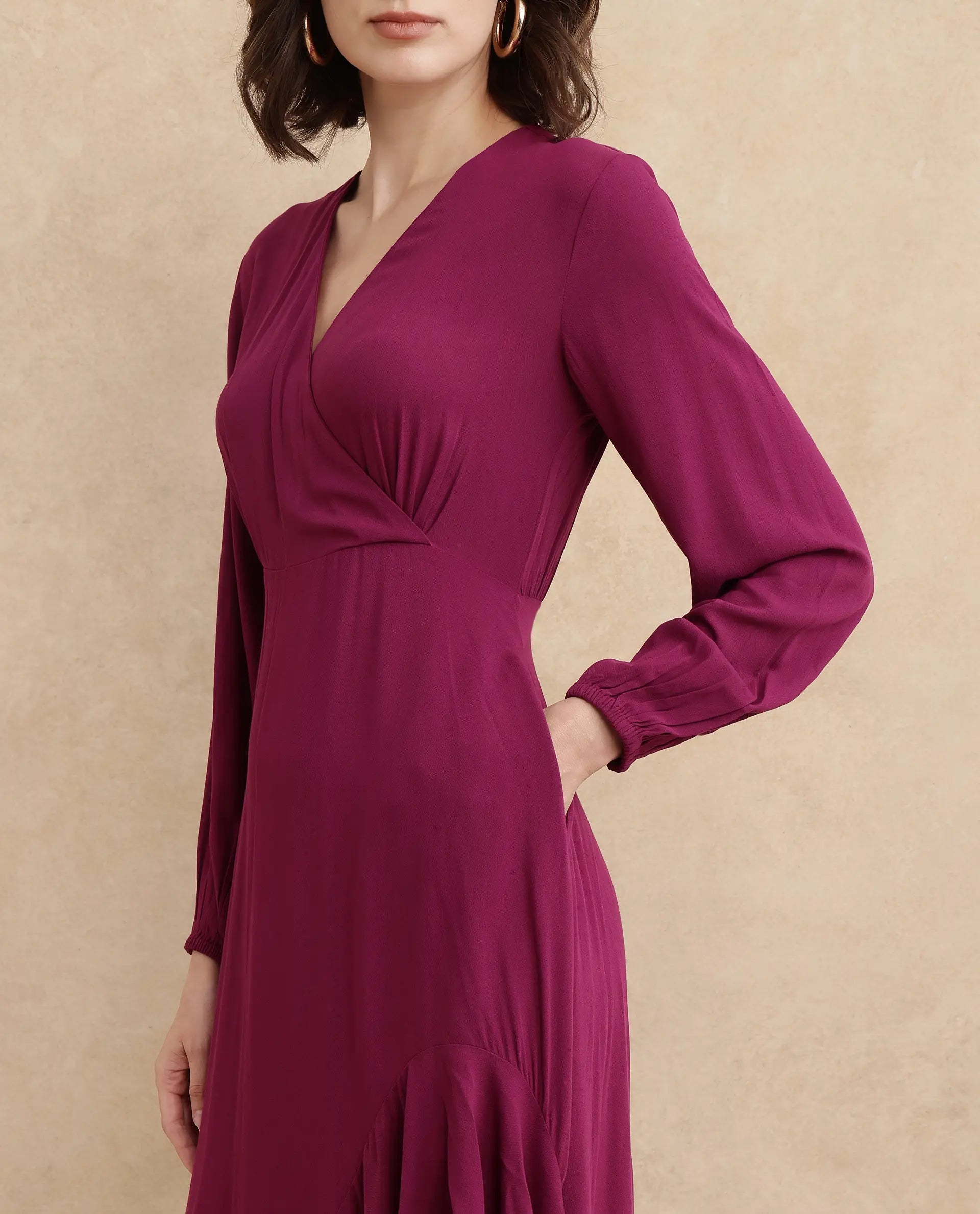 Rareism Women's Rens Dark Maroon  Overlap Neck Slip-On Closure Puff Sleeve Plain Fit And Flare Maxi Dress