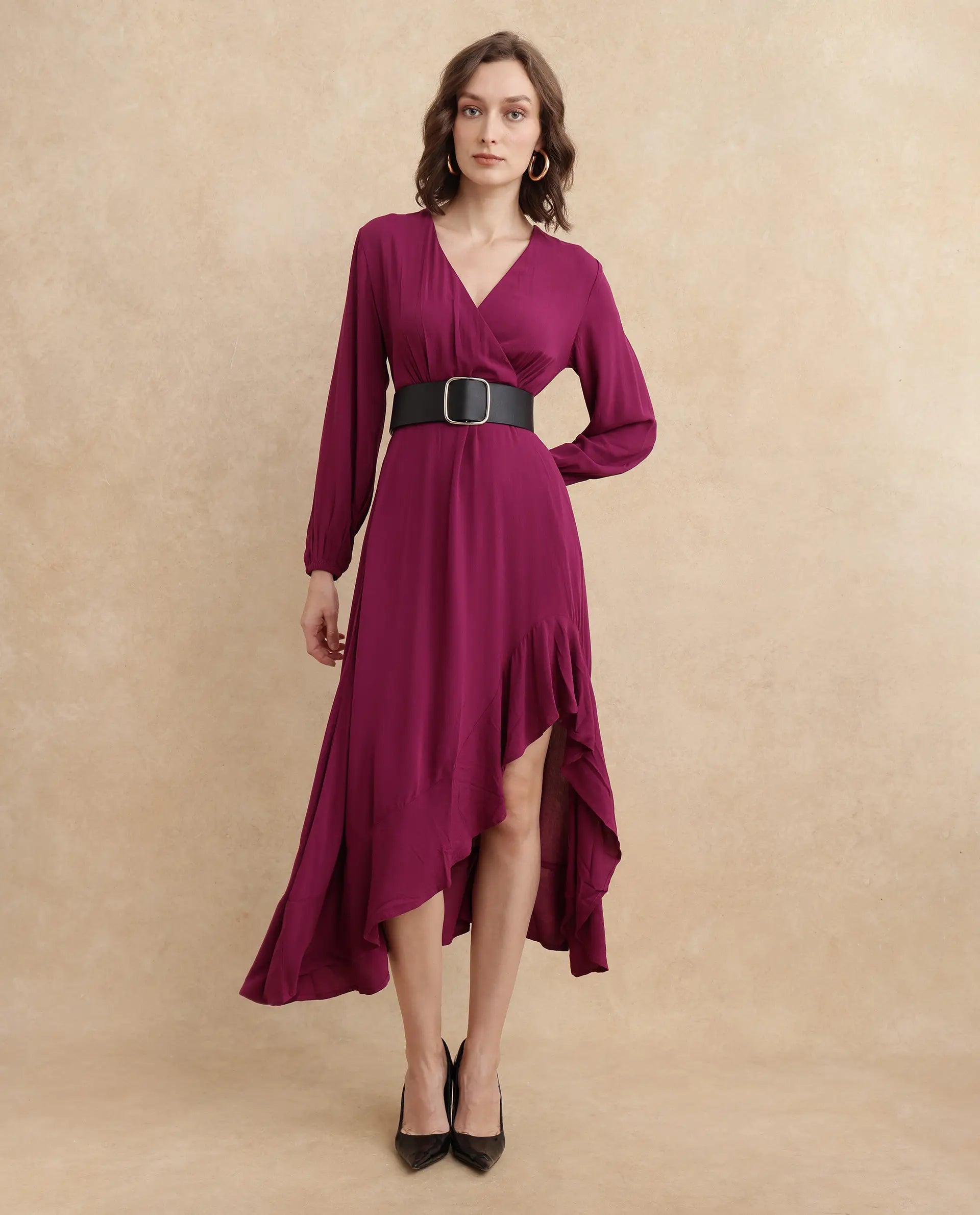 Rareism Women's Rens Dark Maroon  Overlap Neck Slip-On Closure Puff Sleeve Plain Fit And Flare Maxi Dress