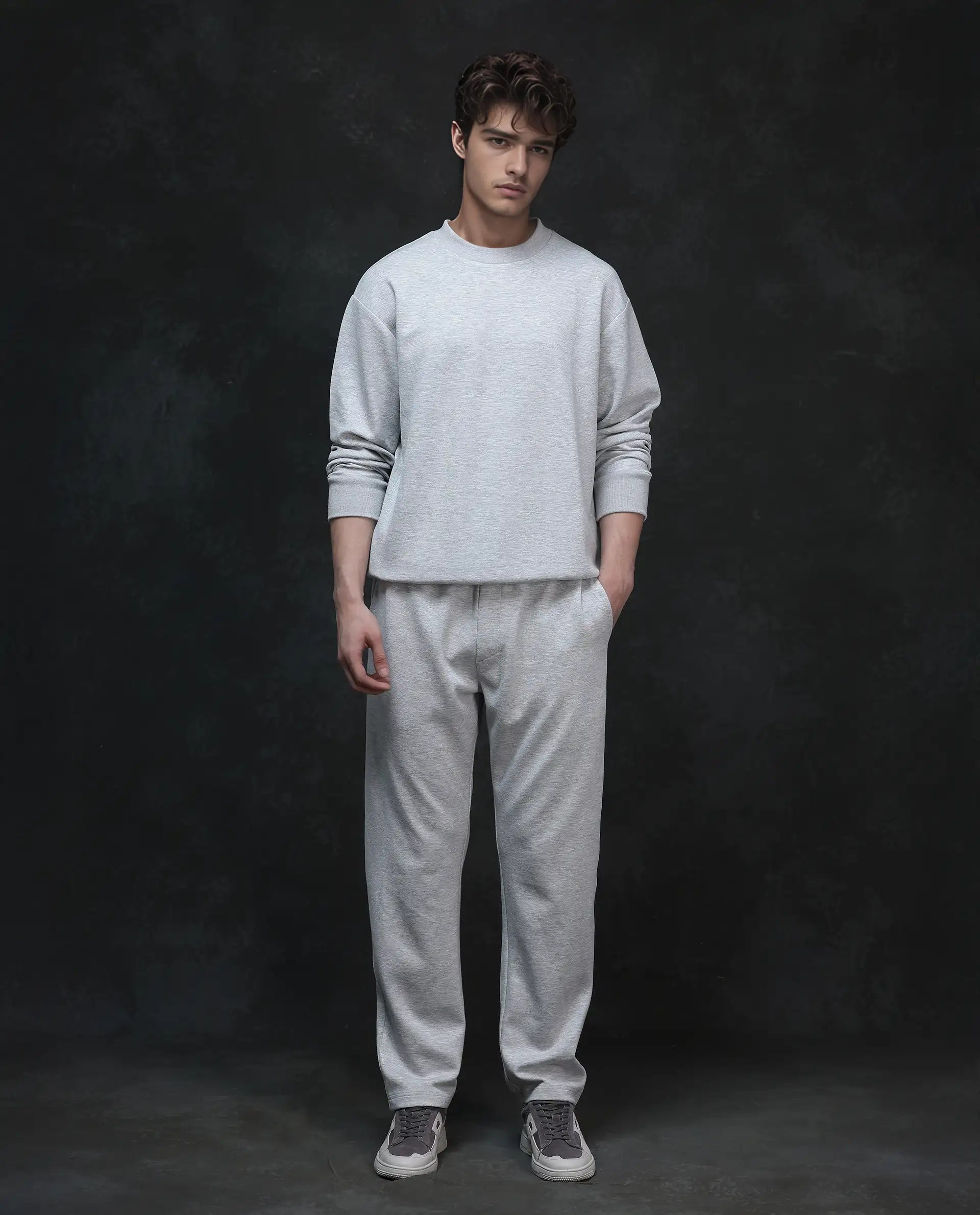 Rare Rabbit Men Renzi Melange Grey Modal Fabric Full Sleeve Crew Neck Baggy Fit Plain Sweatshirt