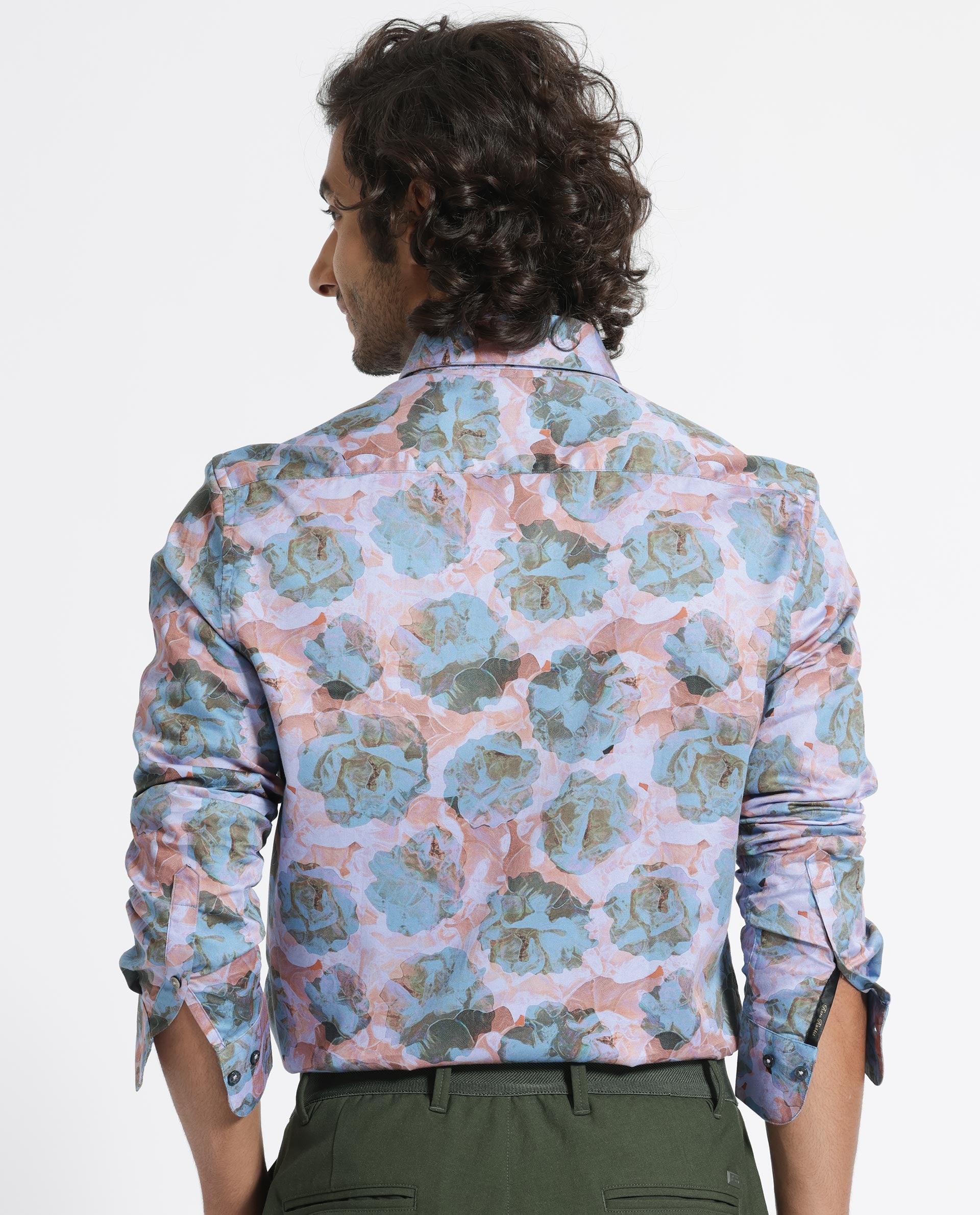 Rare Rabbit Men's Renzoo Blue Cotton Viscose Fabric Floral Print Full Sleeves Shirt