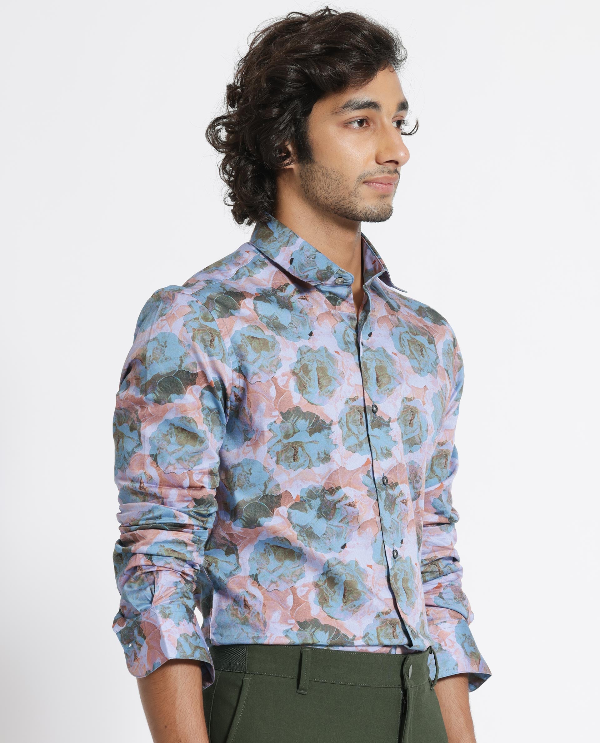 Rare Rabbit Men's Renzoo Blue Cotton Viscose Fabric Floral Print Full Sleeves Shirt