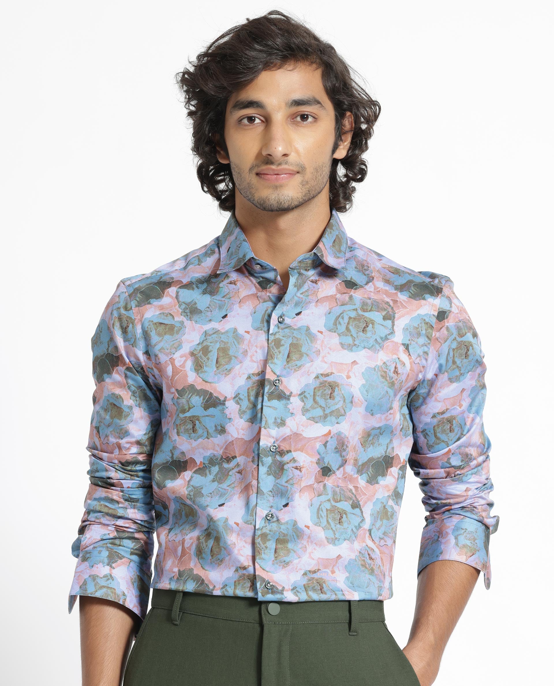 Rare Rabbit Men's Renzoo Blue Cotton Viscose Fabric Floral Print Full Sleeves Shirt