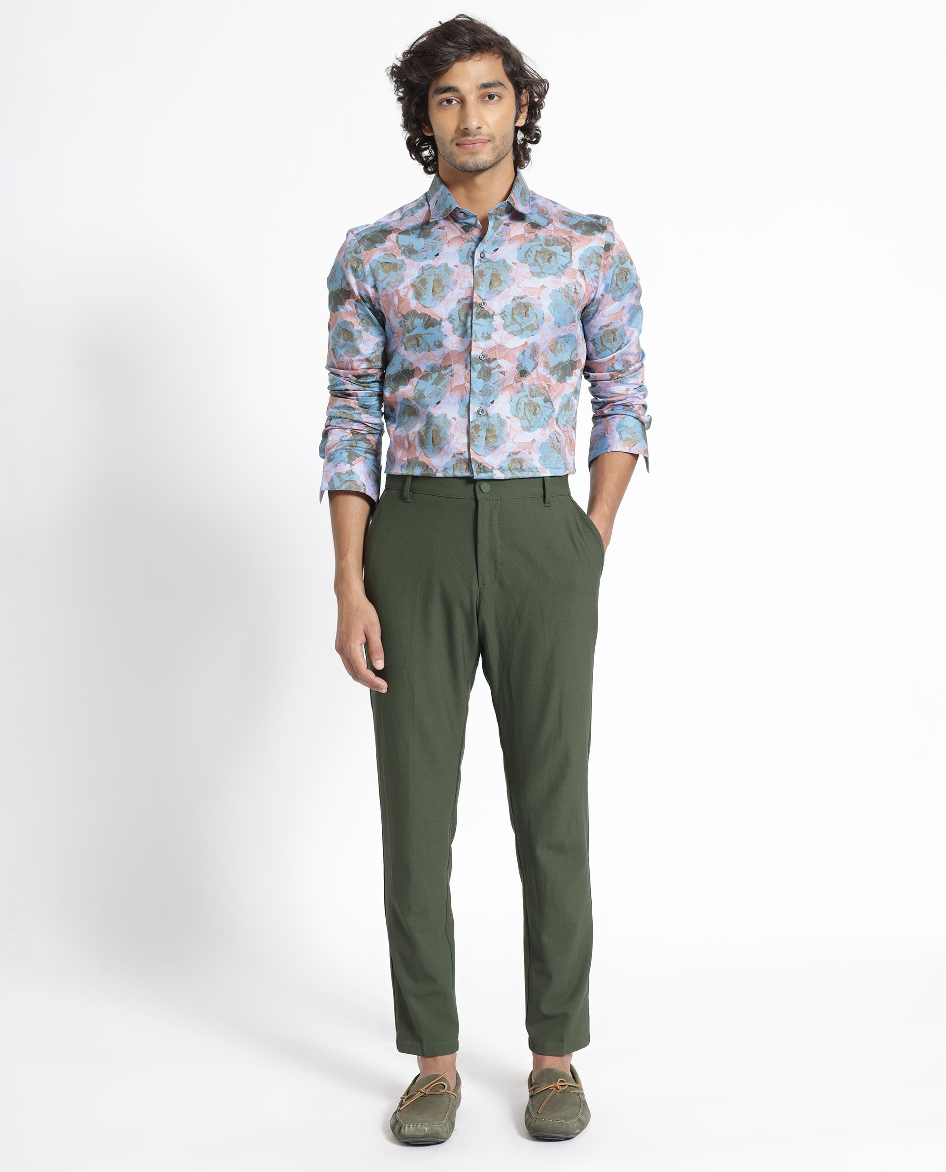 Rare Rabbit Men's Renzoo Blue Cotton Viscose Fabric Floral Print Full Sleeves Shirt