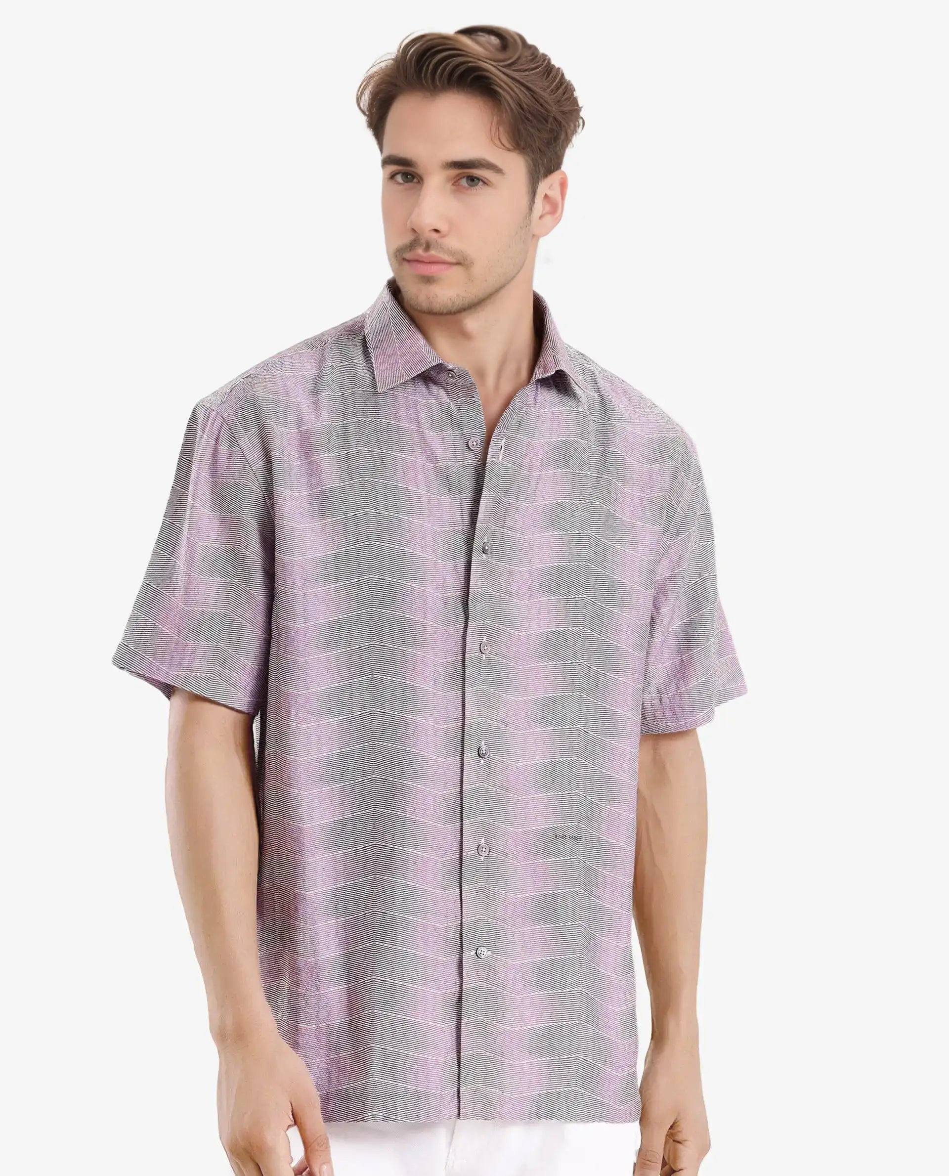 Rare Rabbit Men's Renz Purple Viscose Abstract Print Boxy Fit Half Sleeve Collared Shirt