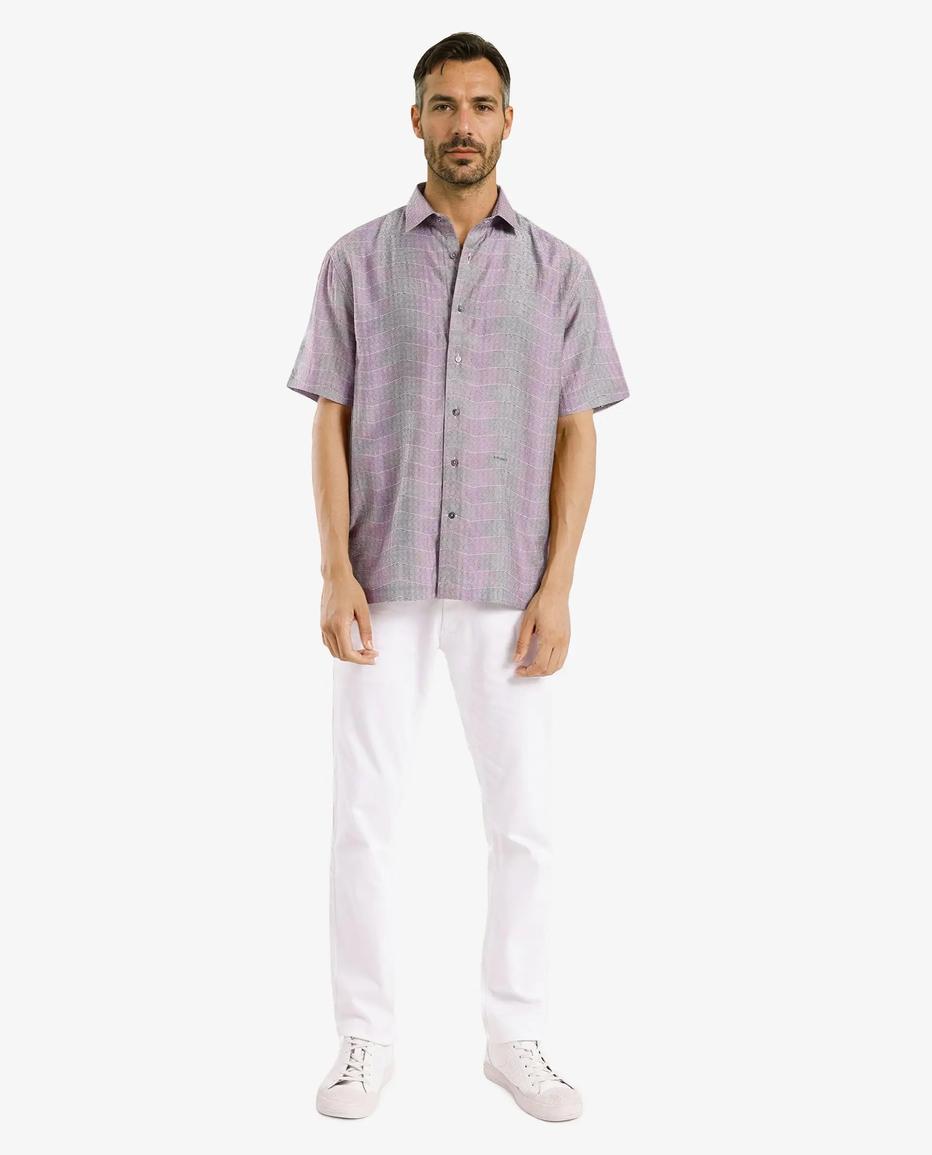 Rare Rabbit Men Renz Purple Viscose Nylon Fabric Short Sleeve Boxy Fit Abstract Print Shirt