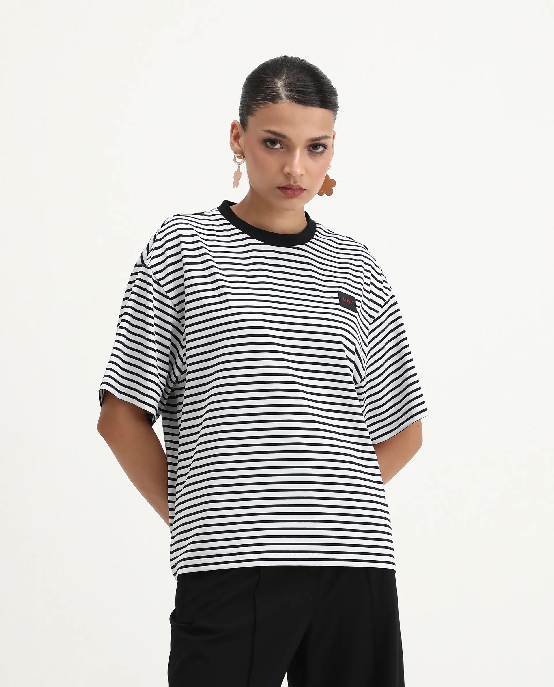 Rareism Women's Reph White Cotton Blend Crew Neck Striped Relaxed Fit T-Shirt