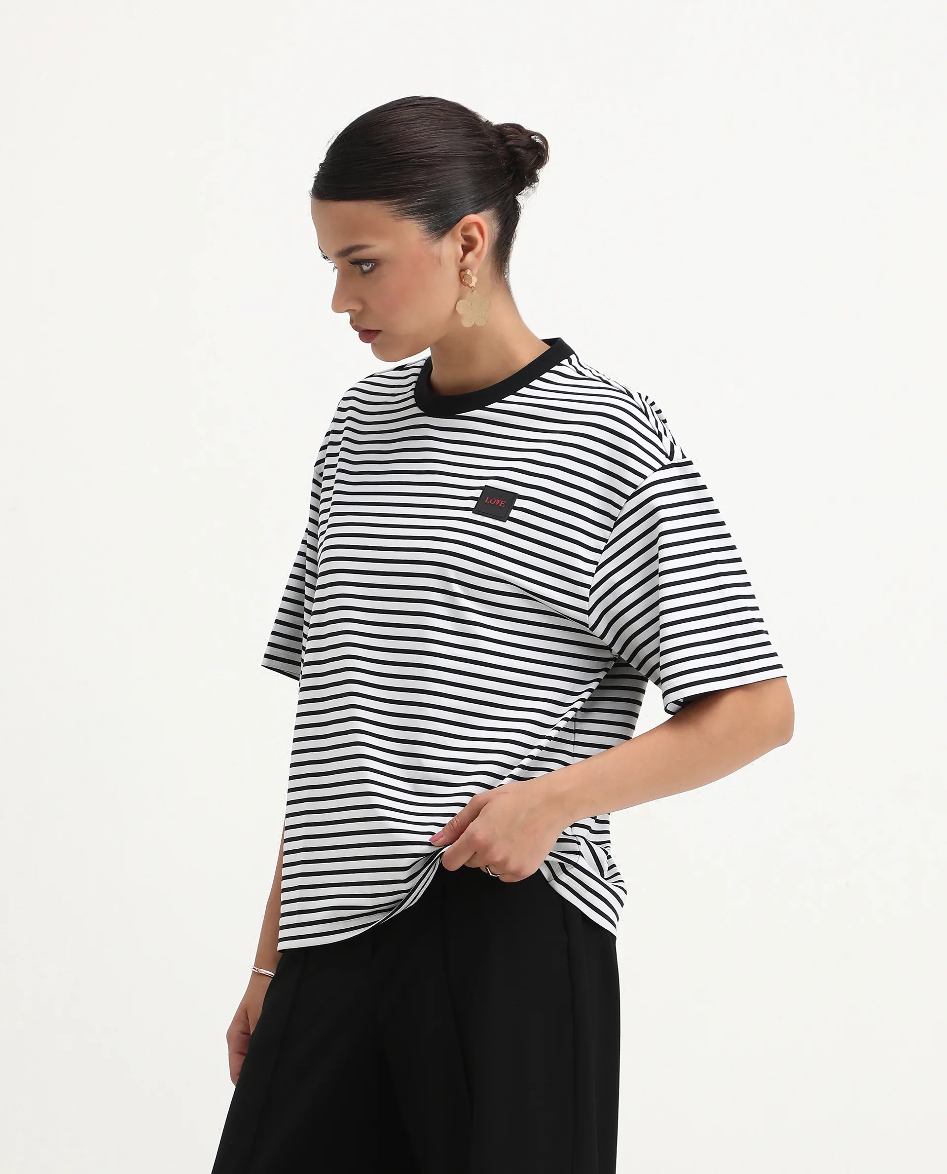 Rareism Women's Reph White Cotton Blend Crew Neck Striped Relaxed Fit T-Shirt