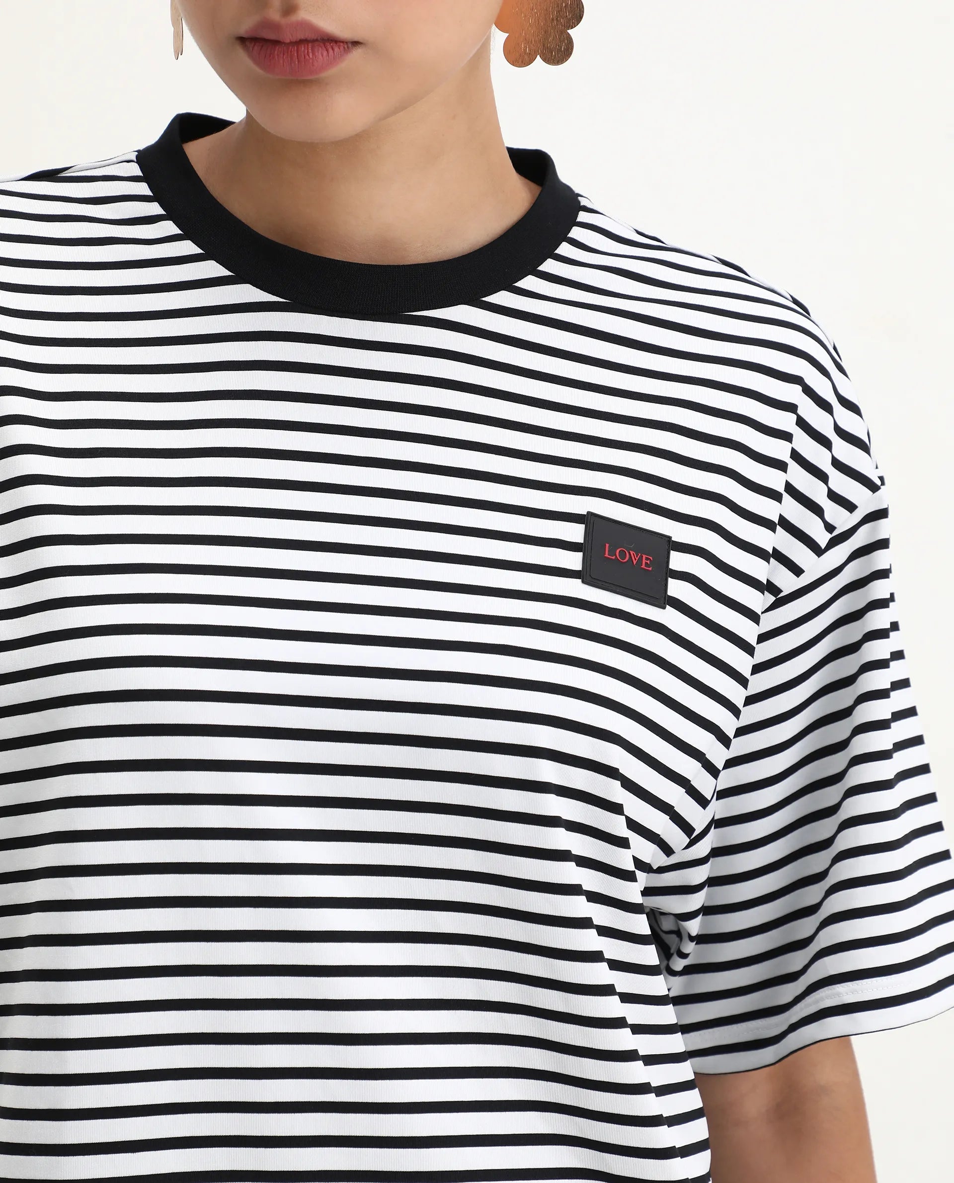 Rareism Women's Reph White Cotton Blend Crew Neck Striped Relaxed Fit T-Shirt